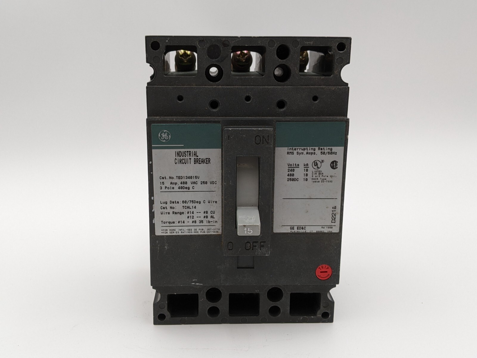 General Electric GE TED134015V Circuit Breaker 15 Amp 3 Pole 480 VAC 250 VAC