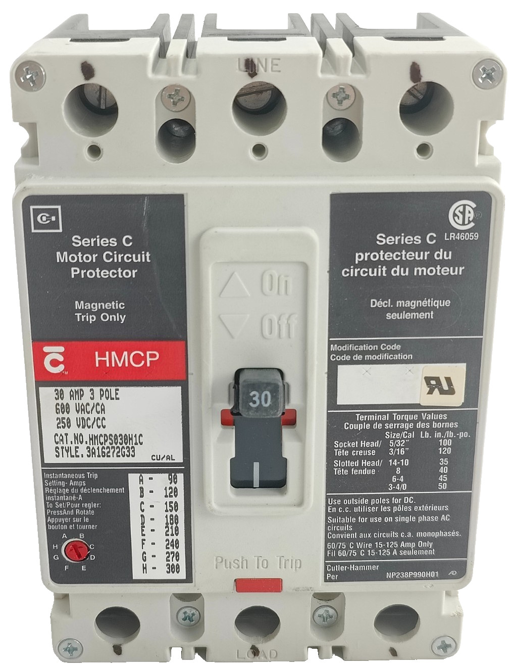 New HMCPS030H1C EATON 30AMP 600VAC/250VDC 3POLE CIRCUIT BREAKER