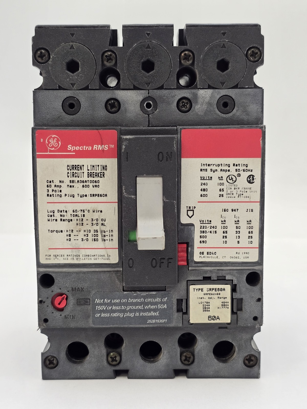 General Electric SELA36AT0060 Bolt On Circuit Breaker 60A 600VAC 3P 25 kA Trip