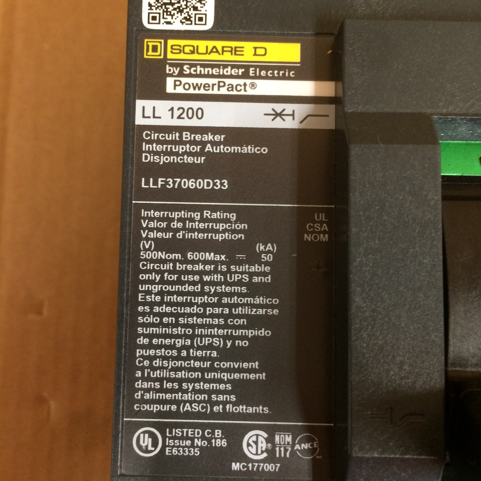LLF37060D33 SQUARE D/SCHNEIDER ELECTRIC 600A LL1200 POWERPACT CIRCUIT BREAKER 3P