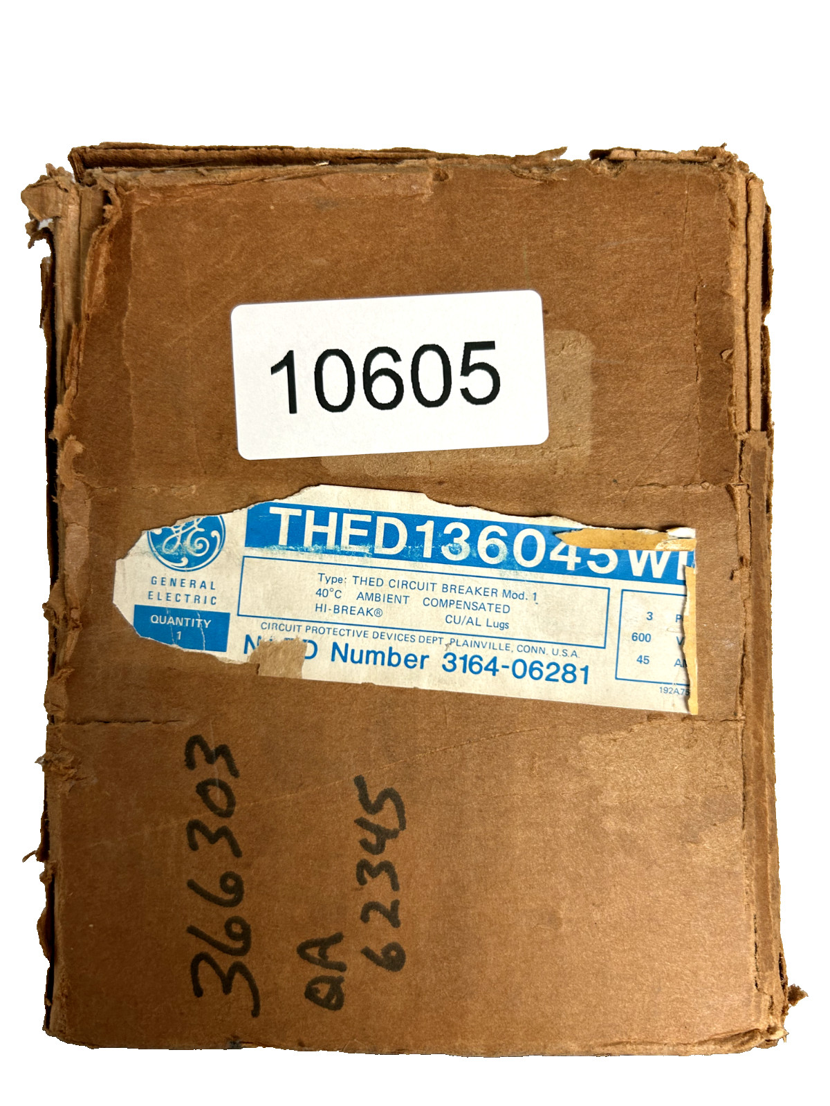 GE THED136045WL Circuit Breaker, 45A, 240V 3-Pole