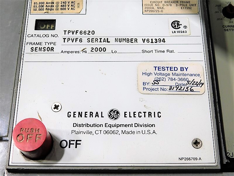 USED GE TPVF6620 PowerBreak Circuit Breaker 2000A 600V Handle Damage See Pics