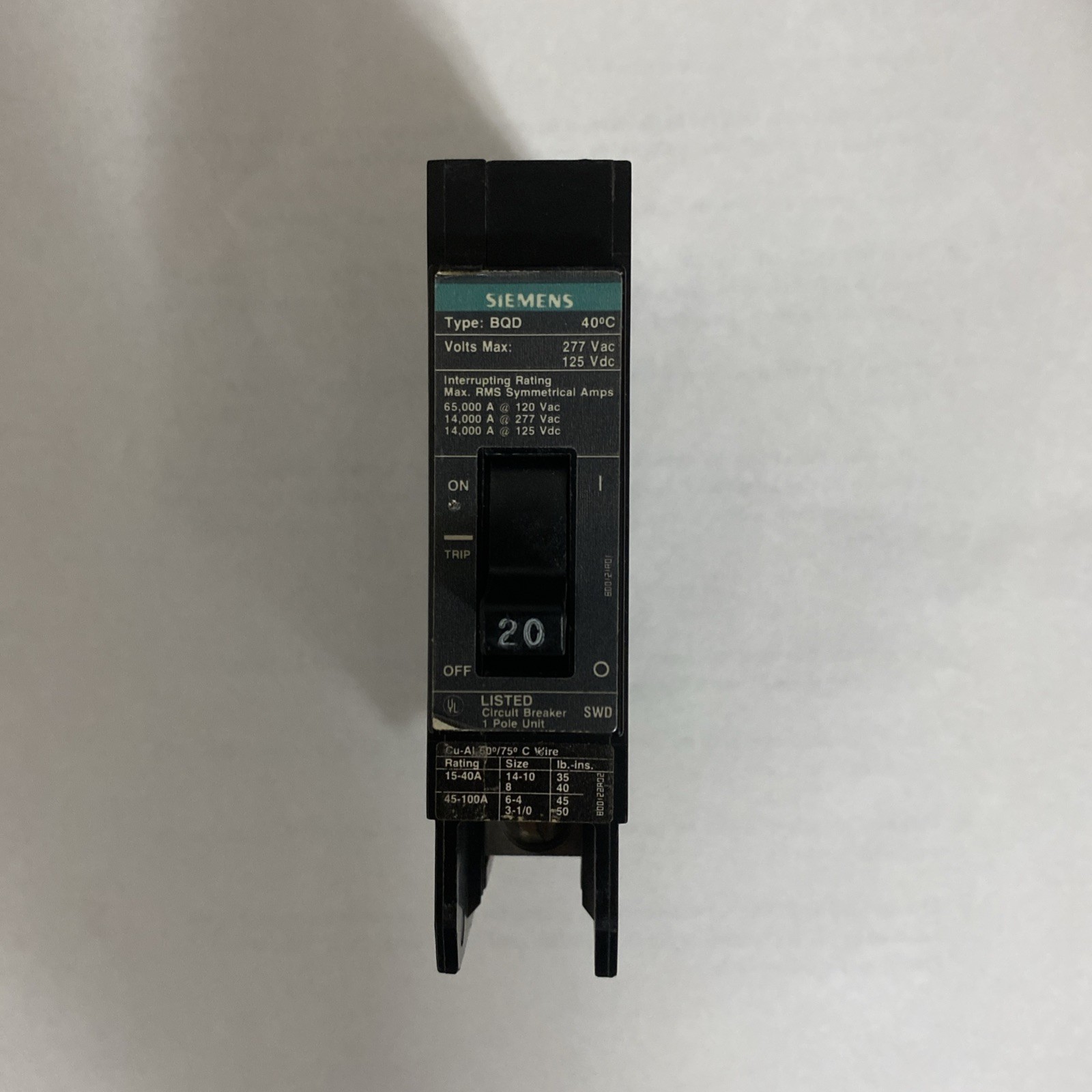 Siemens BQD120 20-Amp Single Pole 277V AC / 125V DC