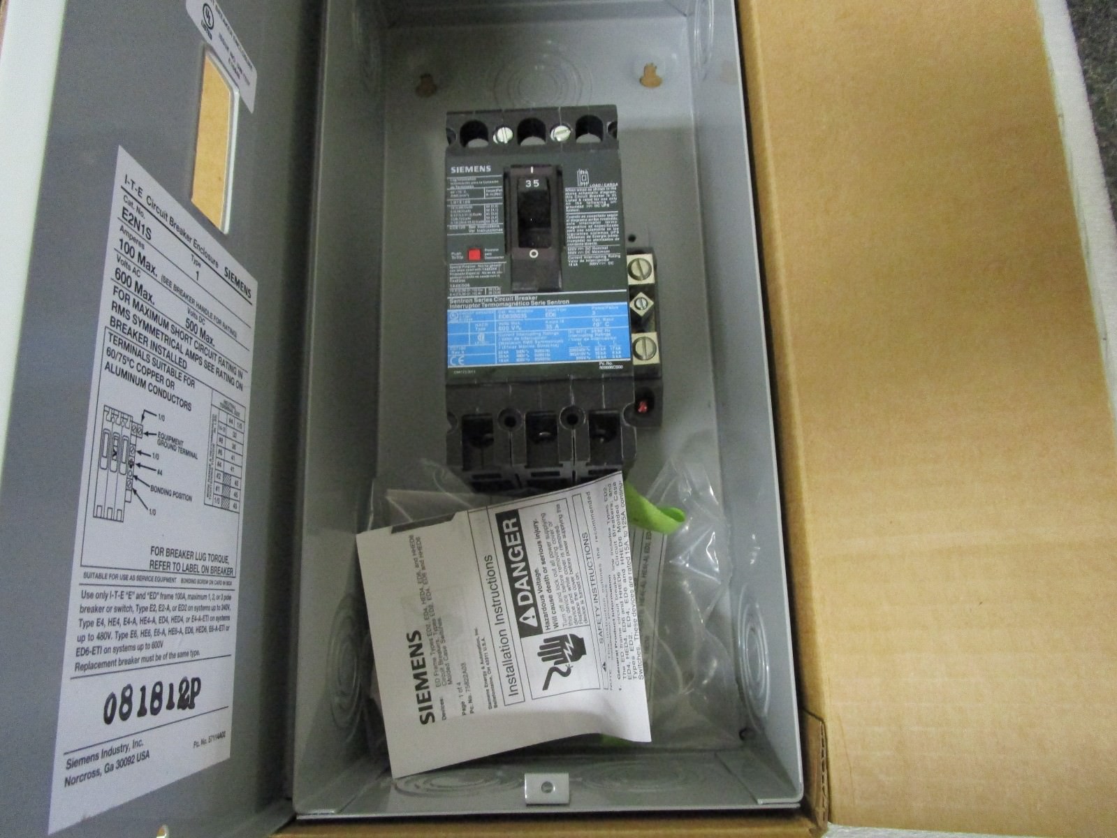 Siemens Circuit Breaker Enclosure E1SED63B015 ENC1S 3P 35A 600V 18KA New in Box!