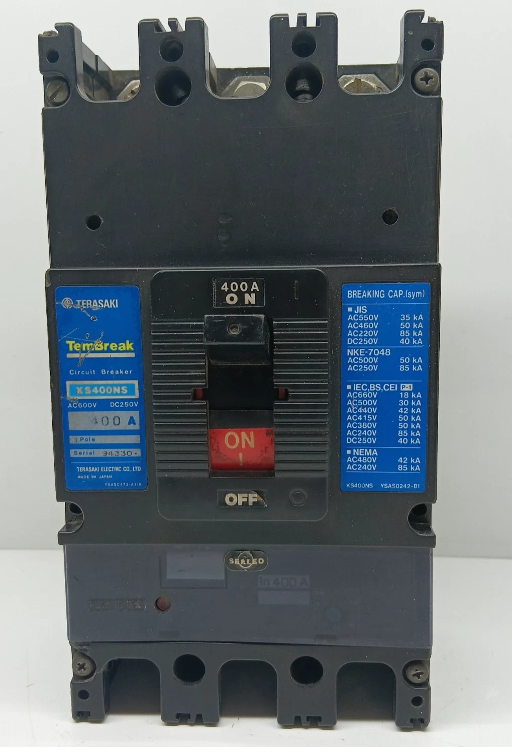 TERASAKI XS400NS TEMBREAK 3 POLE 400 AMPS CIRCUIT BREAKER AC600V DC250V