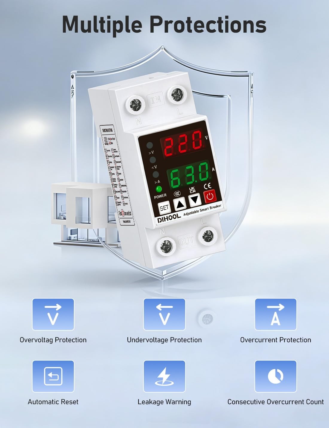 Smart Circuit Breaker with Adjustable Voltage Protection, 70-200V Low and 140…