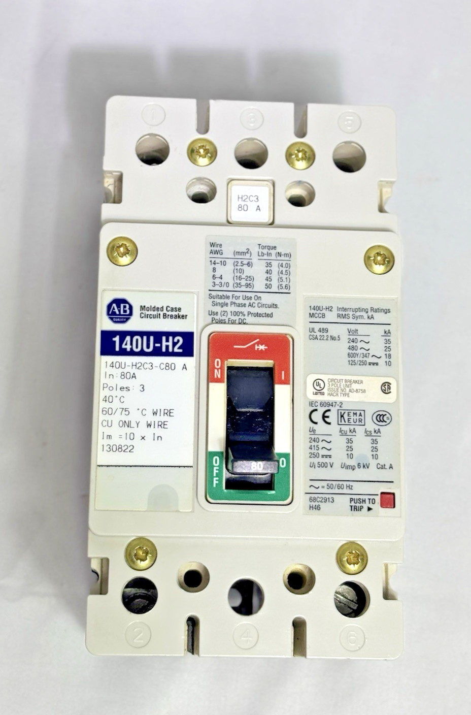 Allen-Bradley 140U-H2C3-C80 MCCB 80A 3P Circuit Breaker 600V