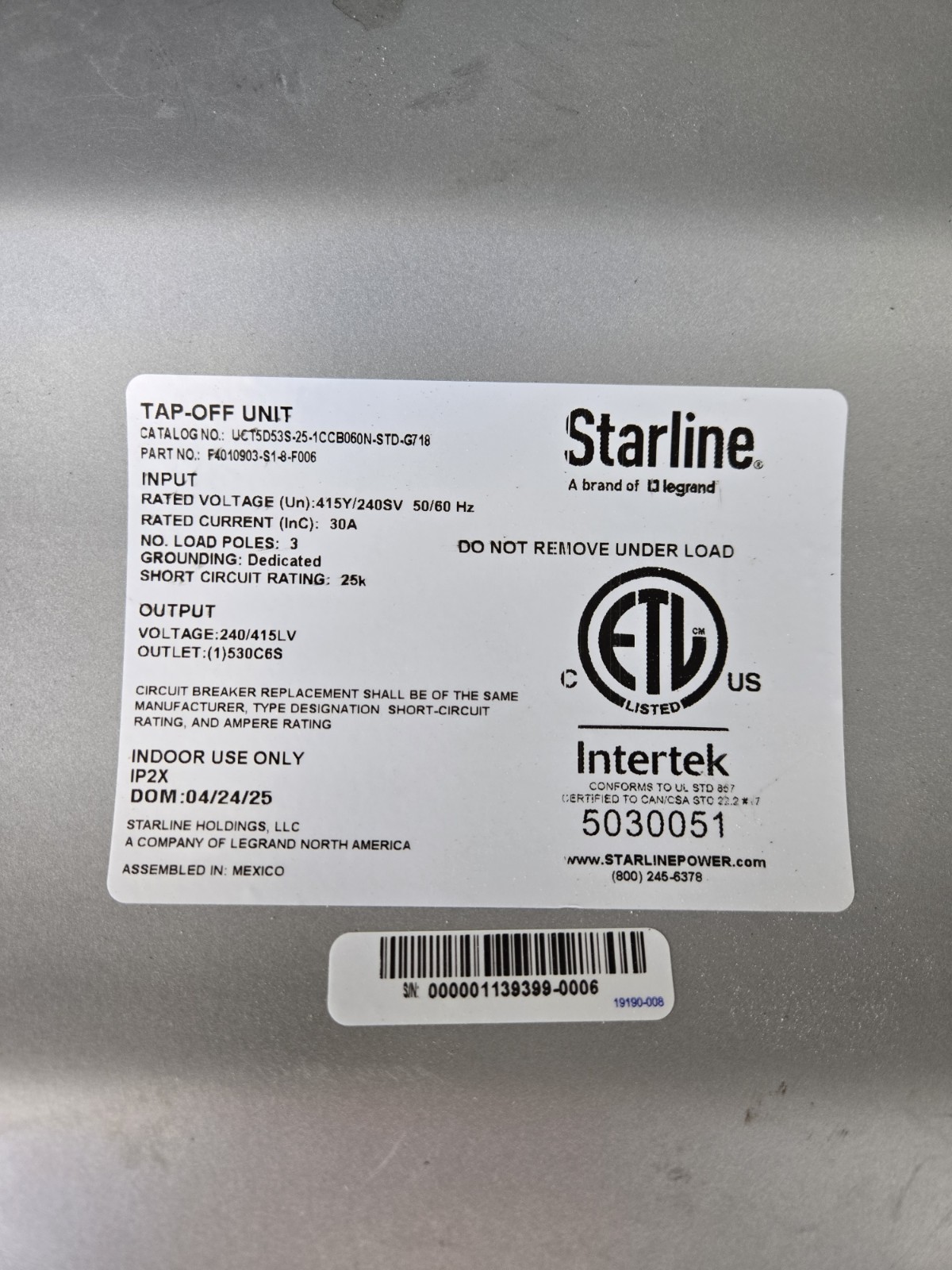 Starline Tap-Off Unit 30A 3-Pole Main Breaker 415V AC Gray Test Button