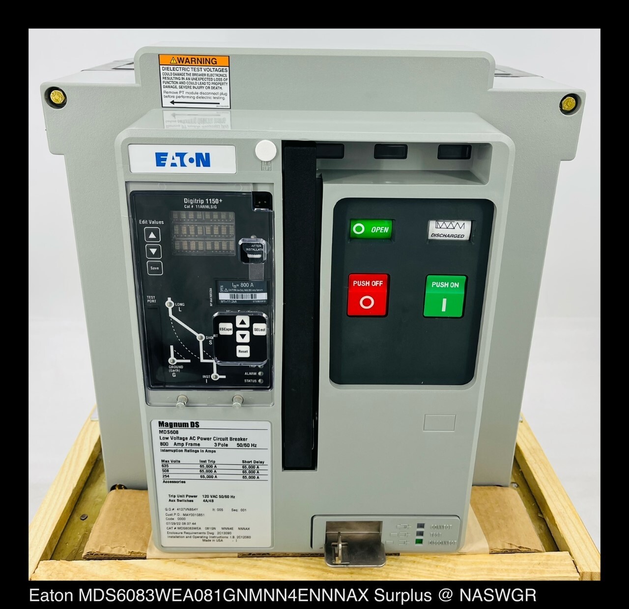 Eaton Magnum DS MDS608 Breaker (M/O,D/O) ~ 800 Amp – Unused Surplus