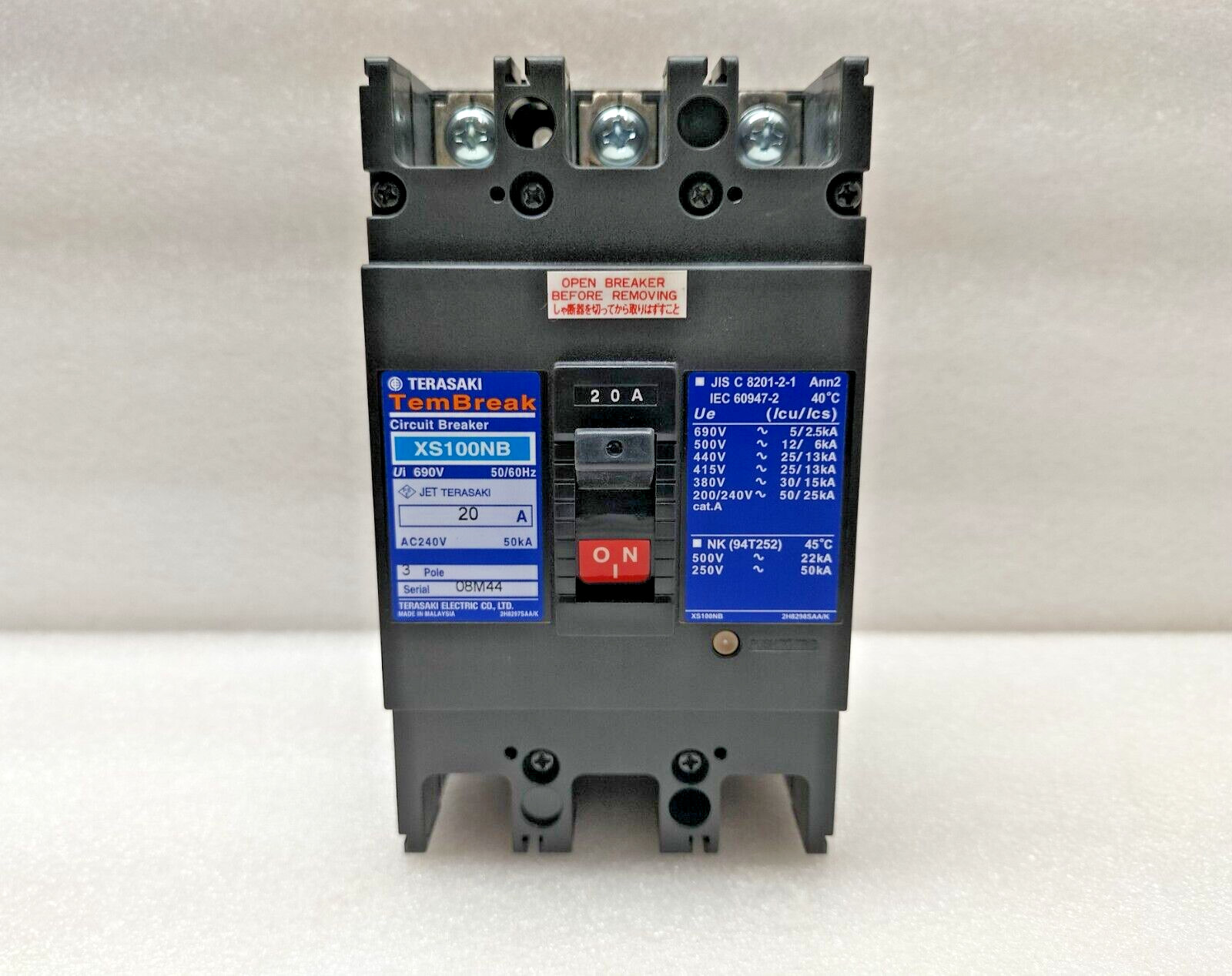 TERASAKI TEMBREAK XS100NB CIRCUIT BREAKER 20A,3 POLE PM
