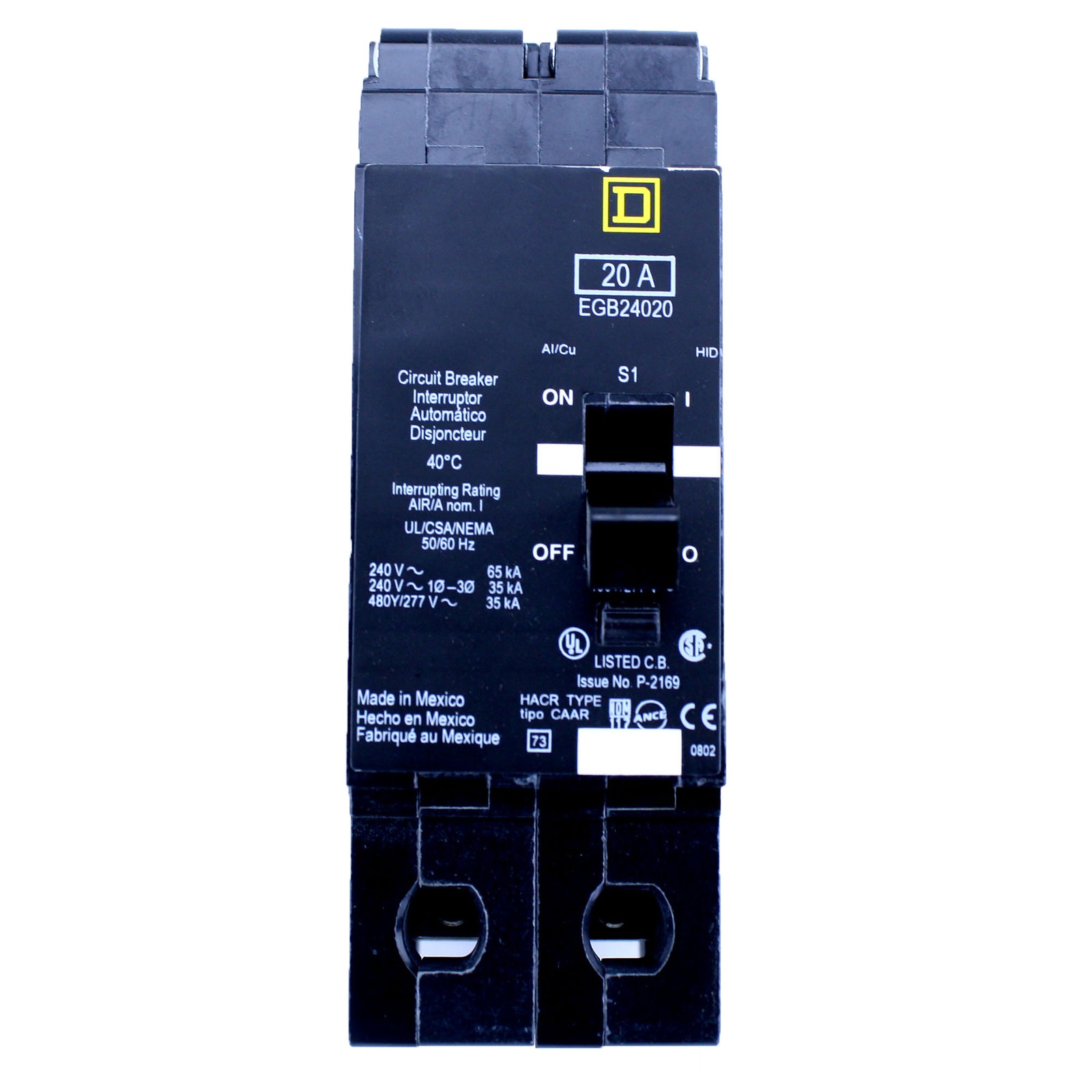 SQAURE D EGB24020 CIRCUIT BREAKER, 480/277-VOLT, 2-POLE, 20-AMP, 35KAIC, EGB
