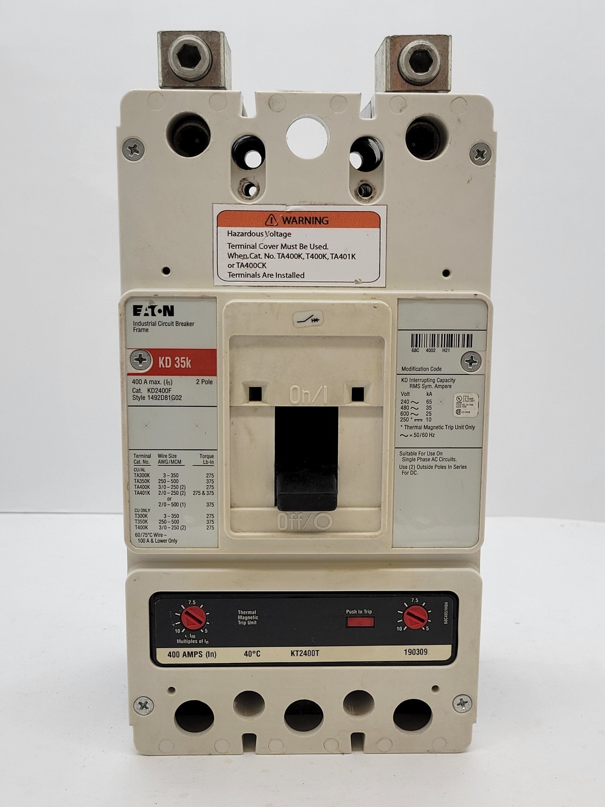 Eaton KD2400F Bolt-On Circuit Breaker 400A 2P 480V 1PH KD35K 400A KT2400T Trip