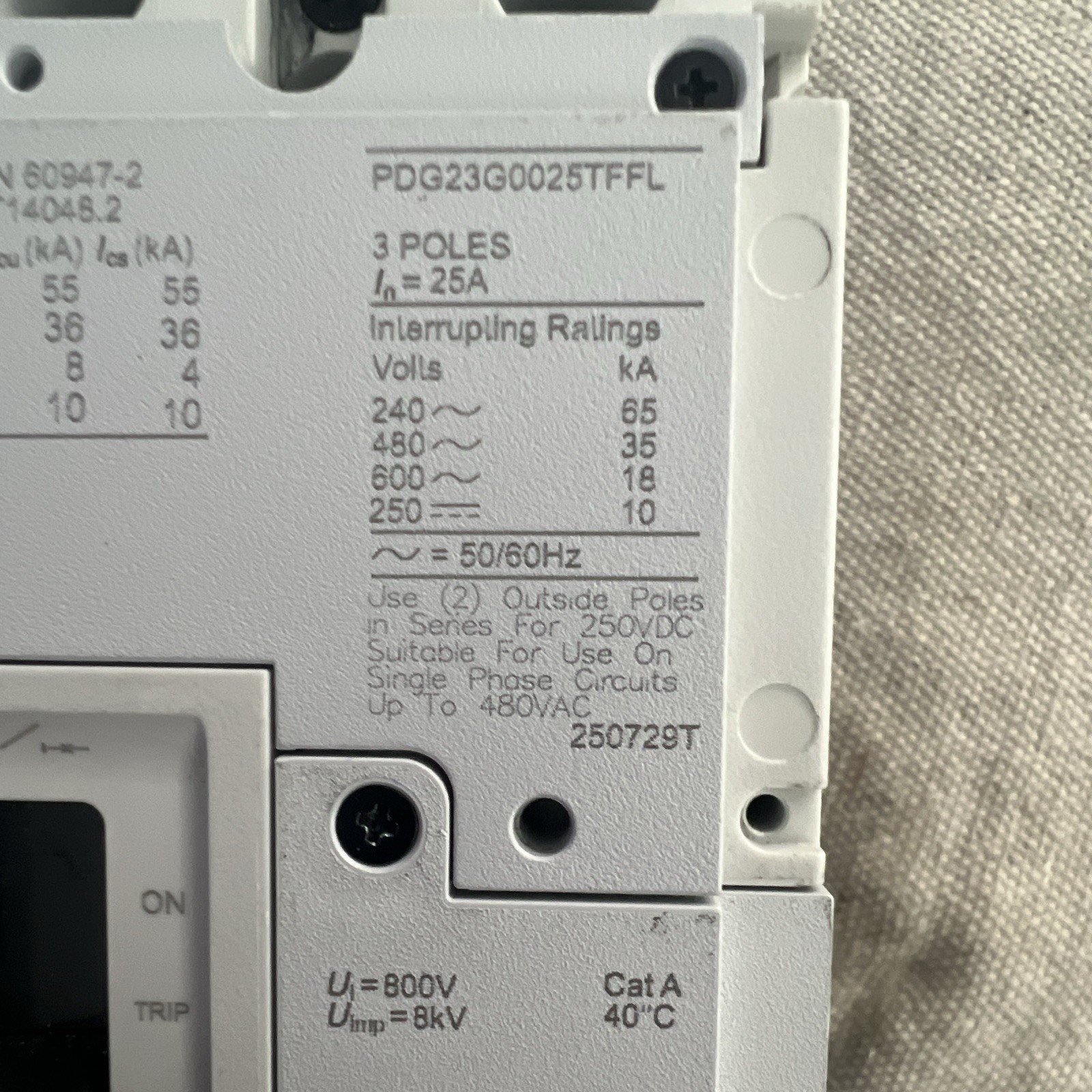 Eaton PDG23G0025TFFL Circuit Breaker 25A 3-Pole 481-500V 40C Trip