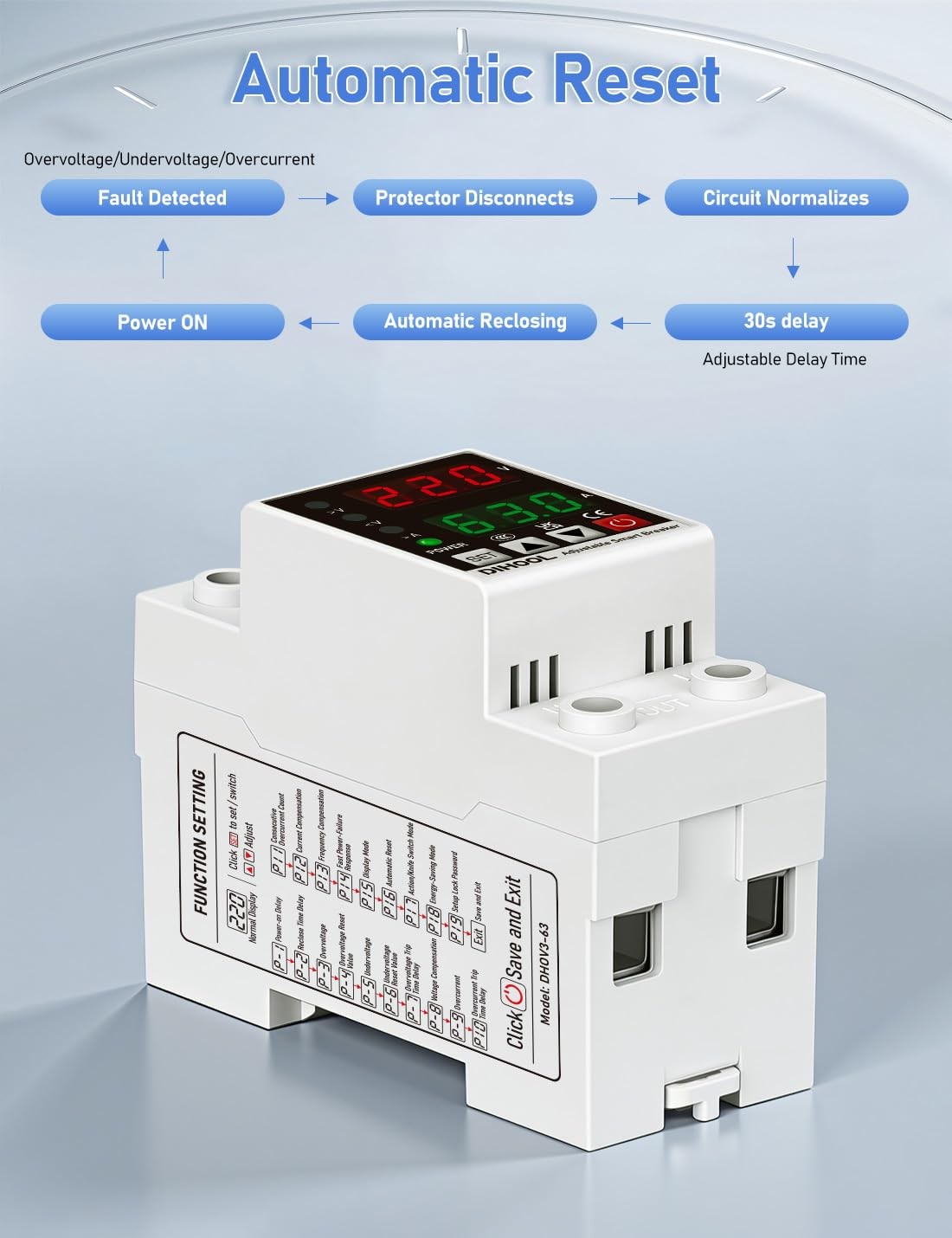 DIHOOL Smart Circuit Breaker with Adjustable Voltage Protection, 70-200V Low and