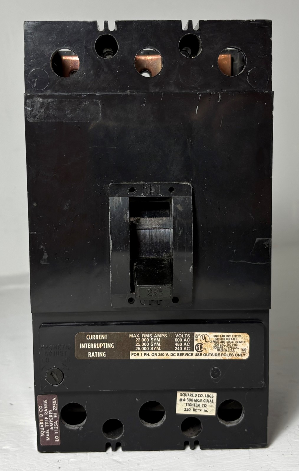 Square D KAP36225 225A Circuit Breaker Black Type KAL 480/600V 3 Pole 225 Amp