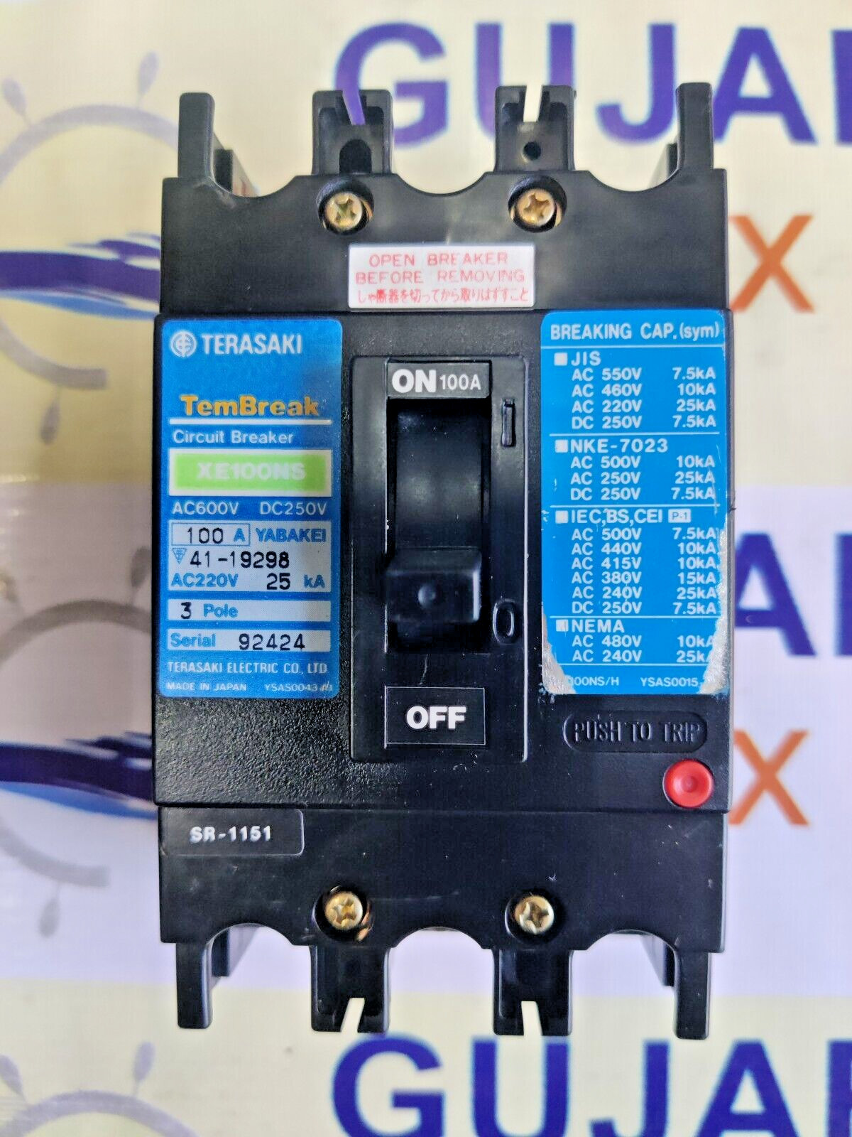 TERASAKI TEMBREAK XE100NS 100A 3POLE 25KA AC600V DC250V CIRCUIT BREAKER