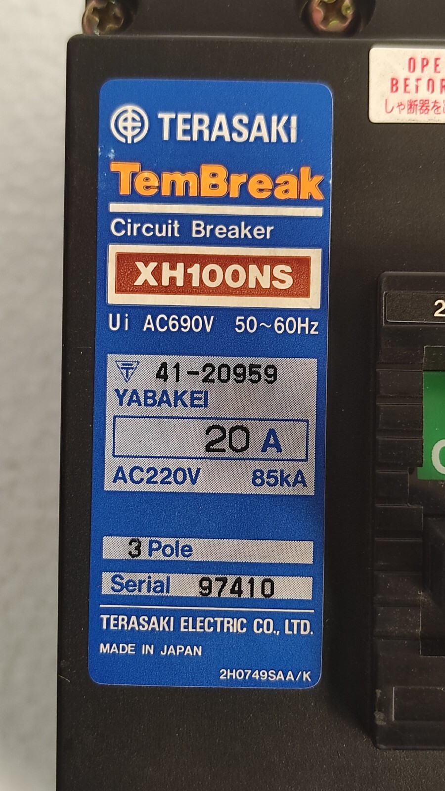 Terasaki TemBreak xh100ns / XH100NS 20A 3 Pole Circuit Breaker
