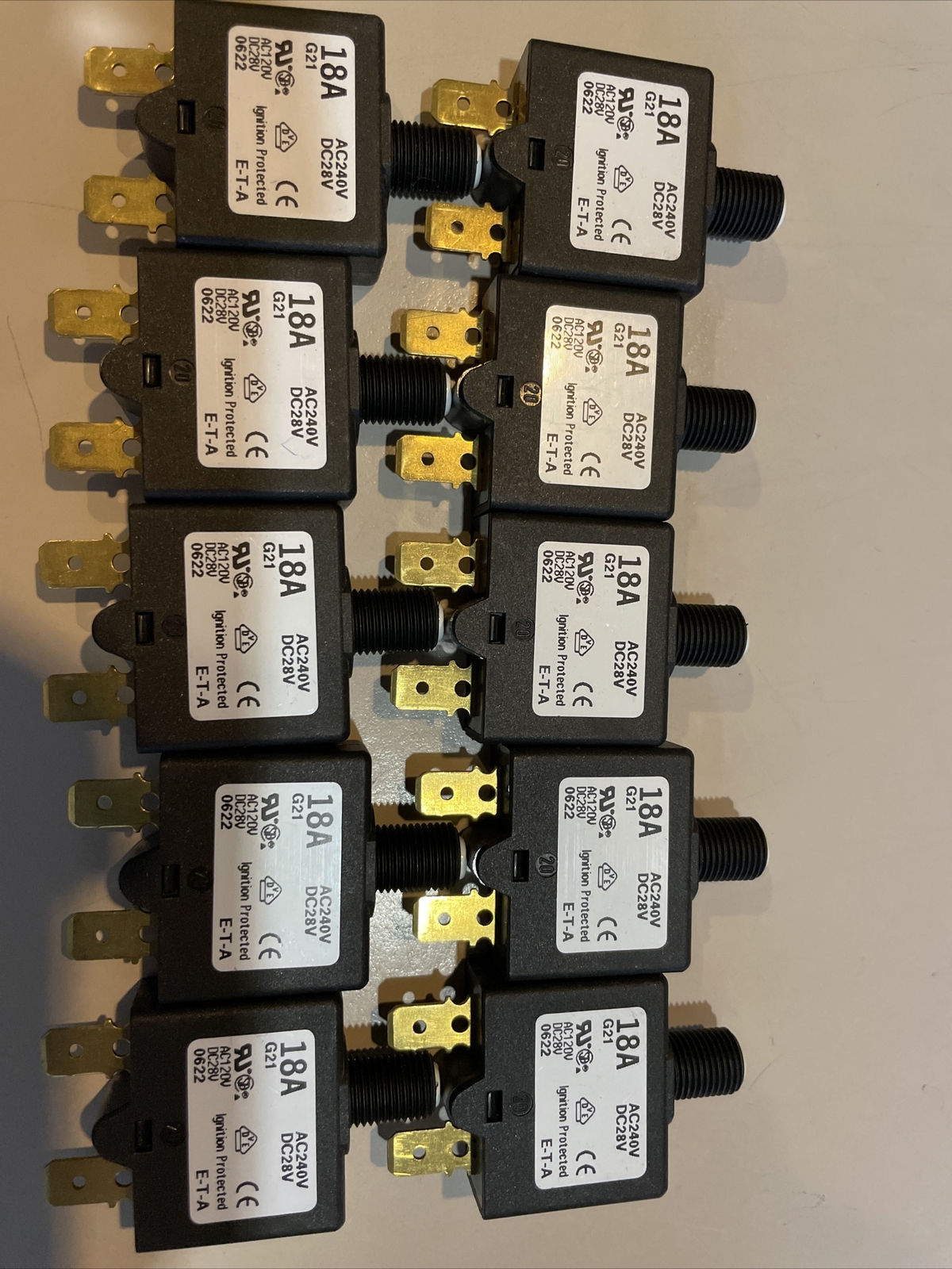 ETA Circuit Breaker 18A, Push To Reset, AC240V, DC28V, Series 1658 (lot of 10)