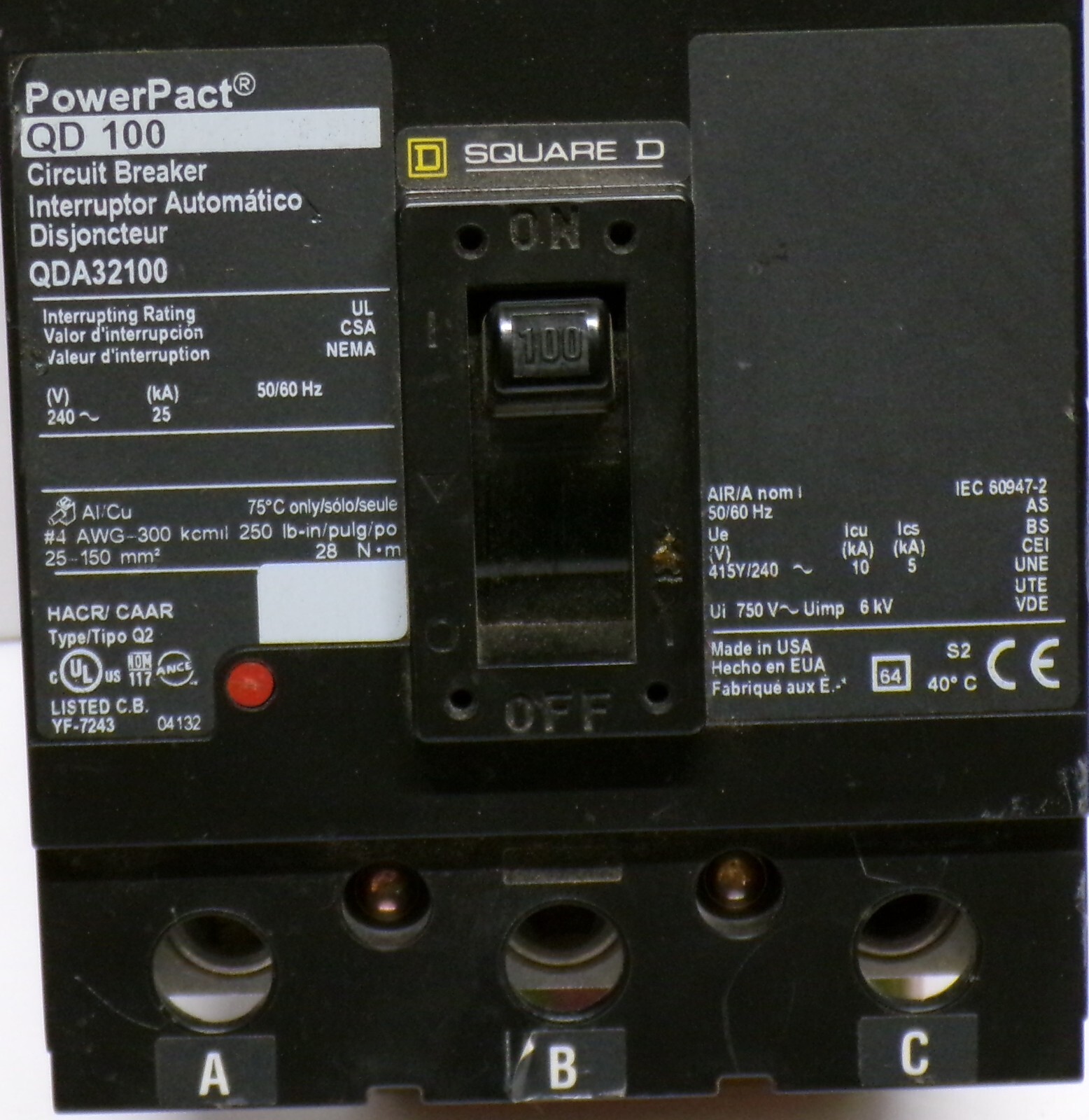 SQUARE D POWERPACT QD 100 QDA32100 3 P 100A Circuit Breaker