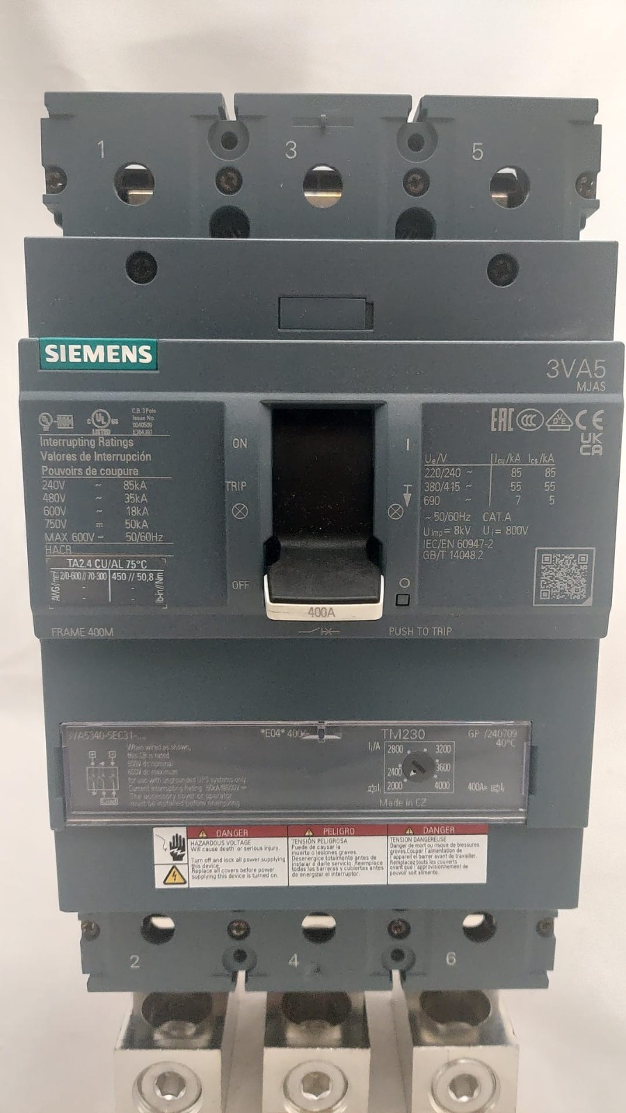 SIEMENS 3VA5340-5EC31-0AA0 Circuit Breaker 400A 3P 600V CLASS M 35kA@480V