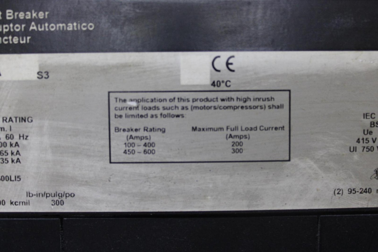 SQUARE D I-LINE CIRCUIT BREAKER LC36300 300 AMP 600 VAC 3-POLE