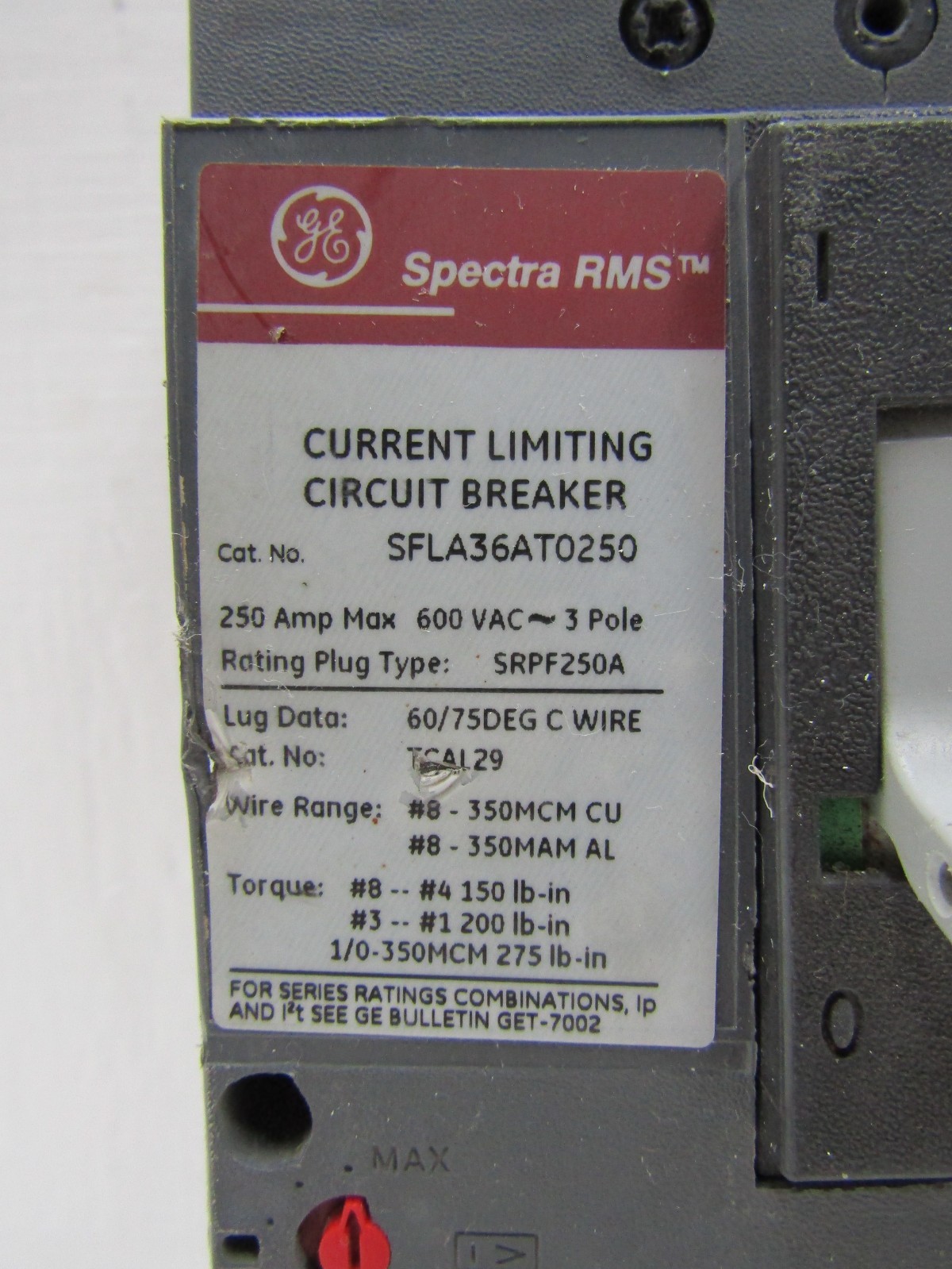 GE SFLA36AT0250 250 Amp 600V 3-Pole Spectra RMS Circuit Breaker No Plug Chipped