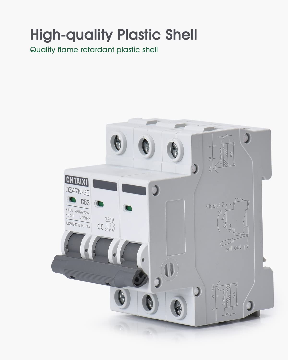 3 Pole DIN Rail Mount Circuit Breaker, 32 Amp 480V AC Miniature Circuit Breaker,