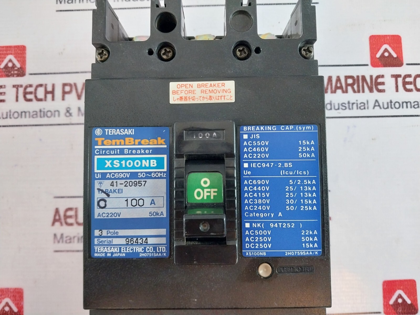 TERASAKI ELECTRIC XS100NB 3 Pole Tembreak Circuit Breaker 100A AC220V 50KA