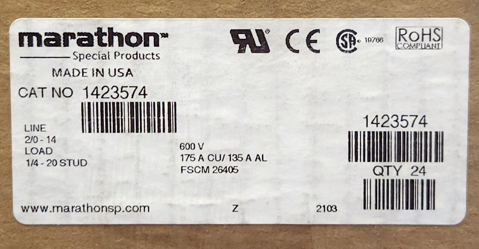 MARATHON 1423574 Power Distribution Terminal Block LINE 2/0-14 LOAD 1/4-20 STUD