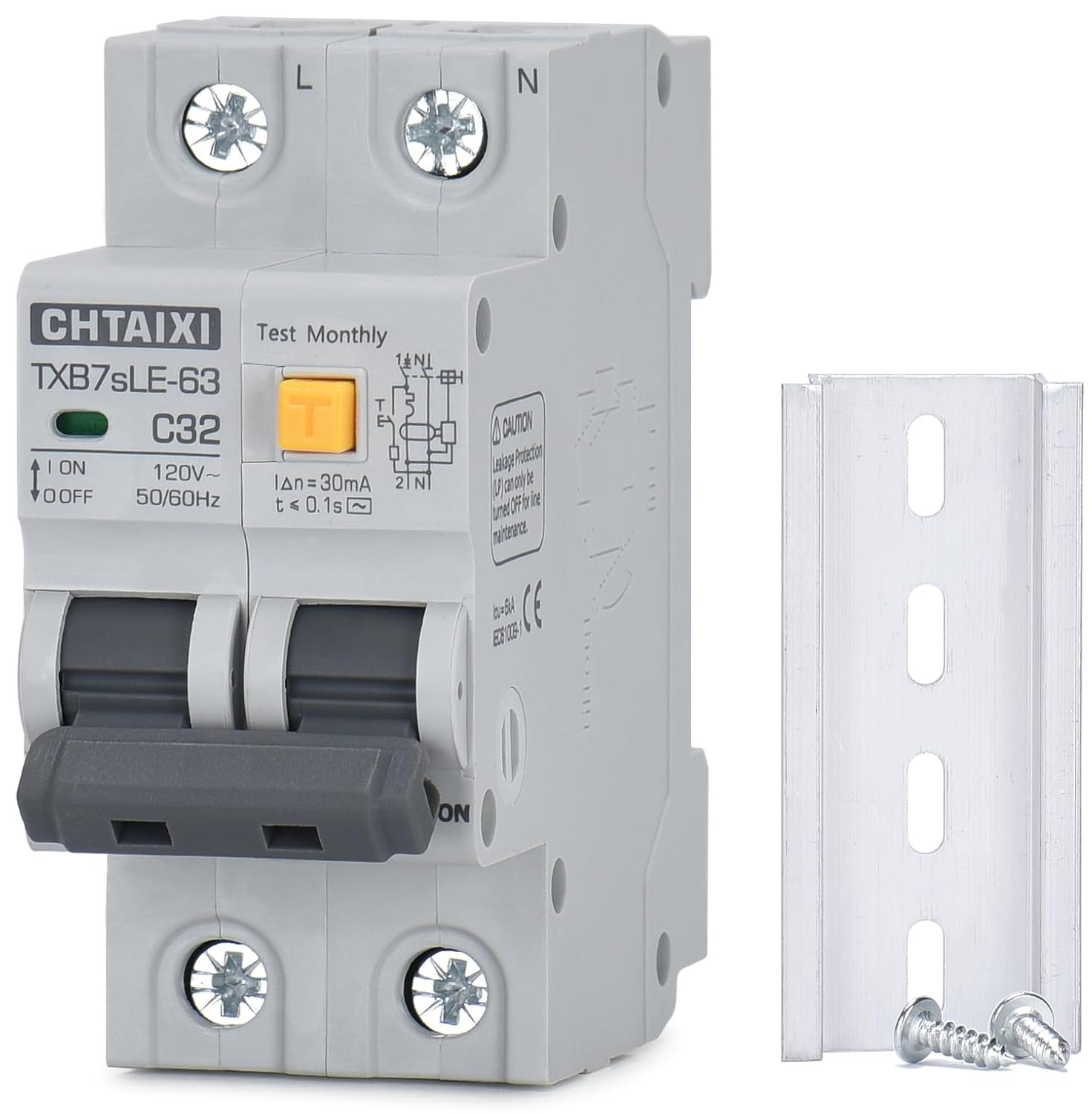 Ground Fault Circuit Breaker, 32 Amp 120V AC DIN Rail Mount Residual Current Cir