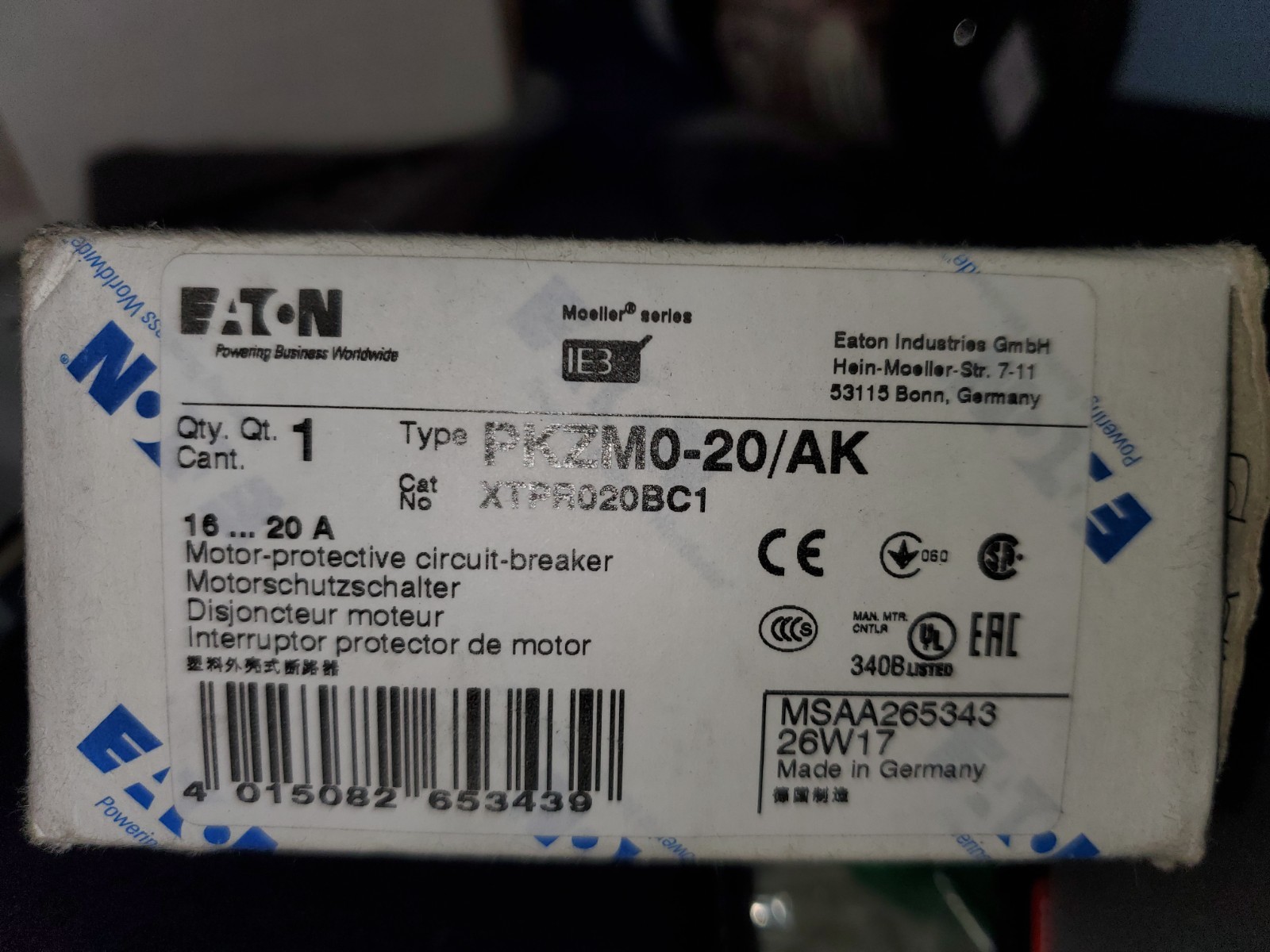 PKZMO-20/AK 16-20A circuit breaker new in box.