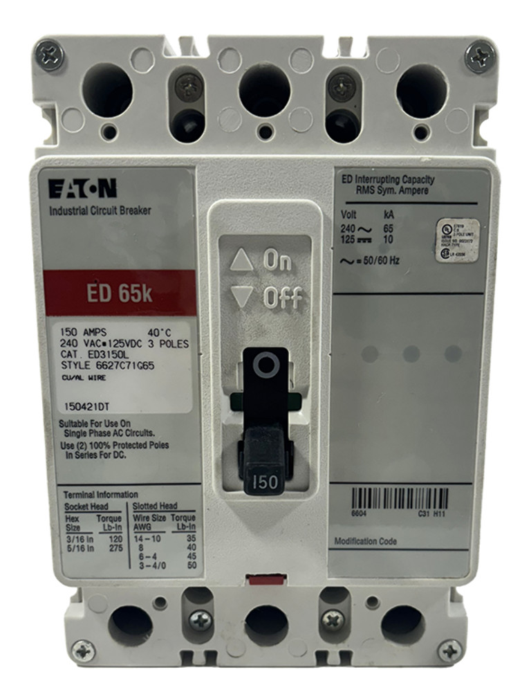 Eaton ED3150L Breaker 150A 240V AC 125V DC 3P 65kAIC Series C F-Frame