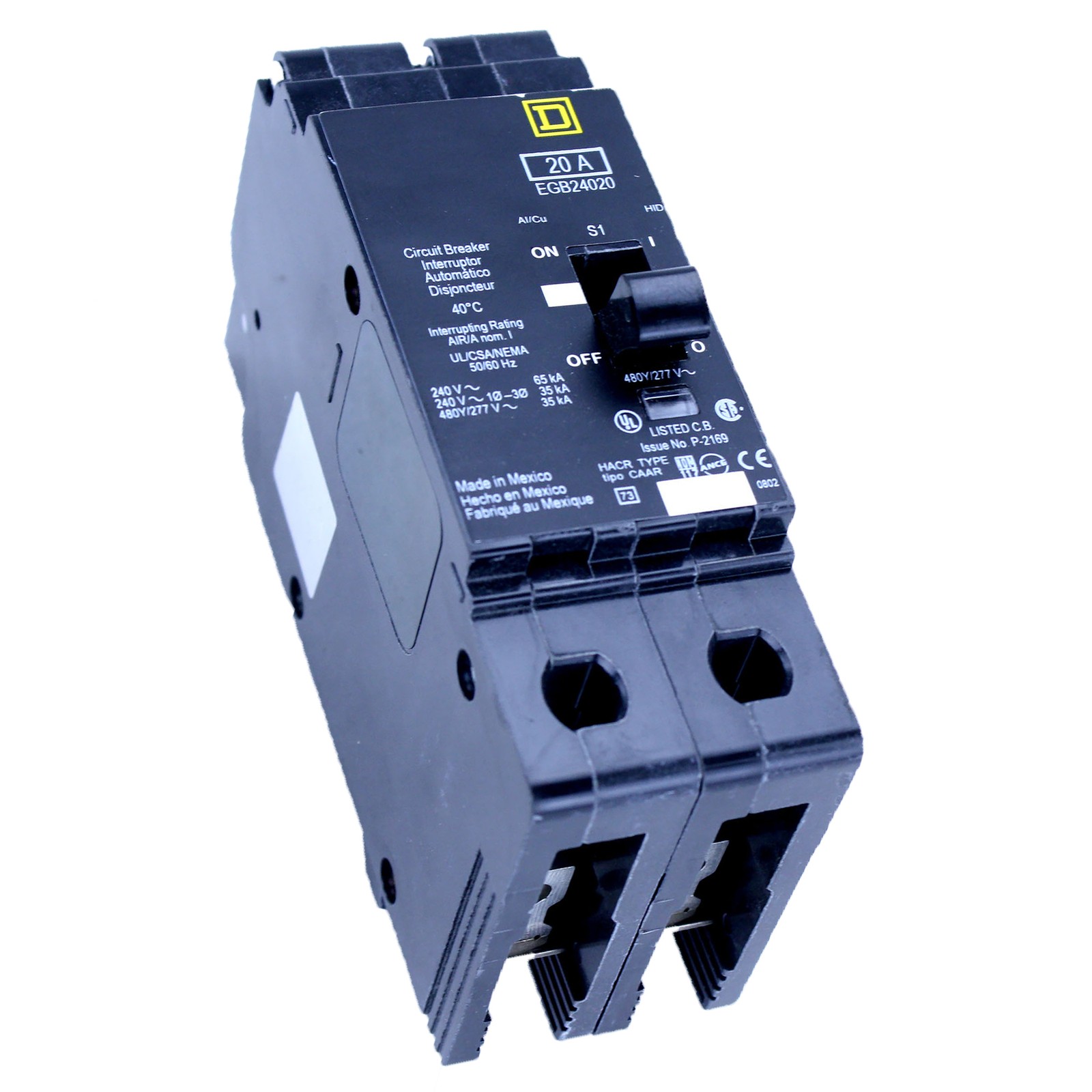 SQAURE D EGB24020 CIRCUIT BREAKER, 480/277-VOLT, 2-POLE, 20-AMP, 35KAIC, EGB