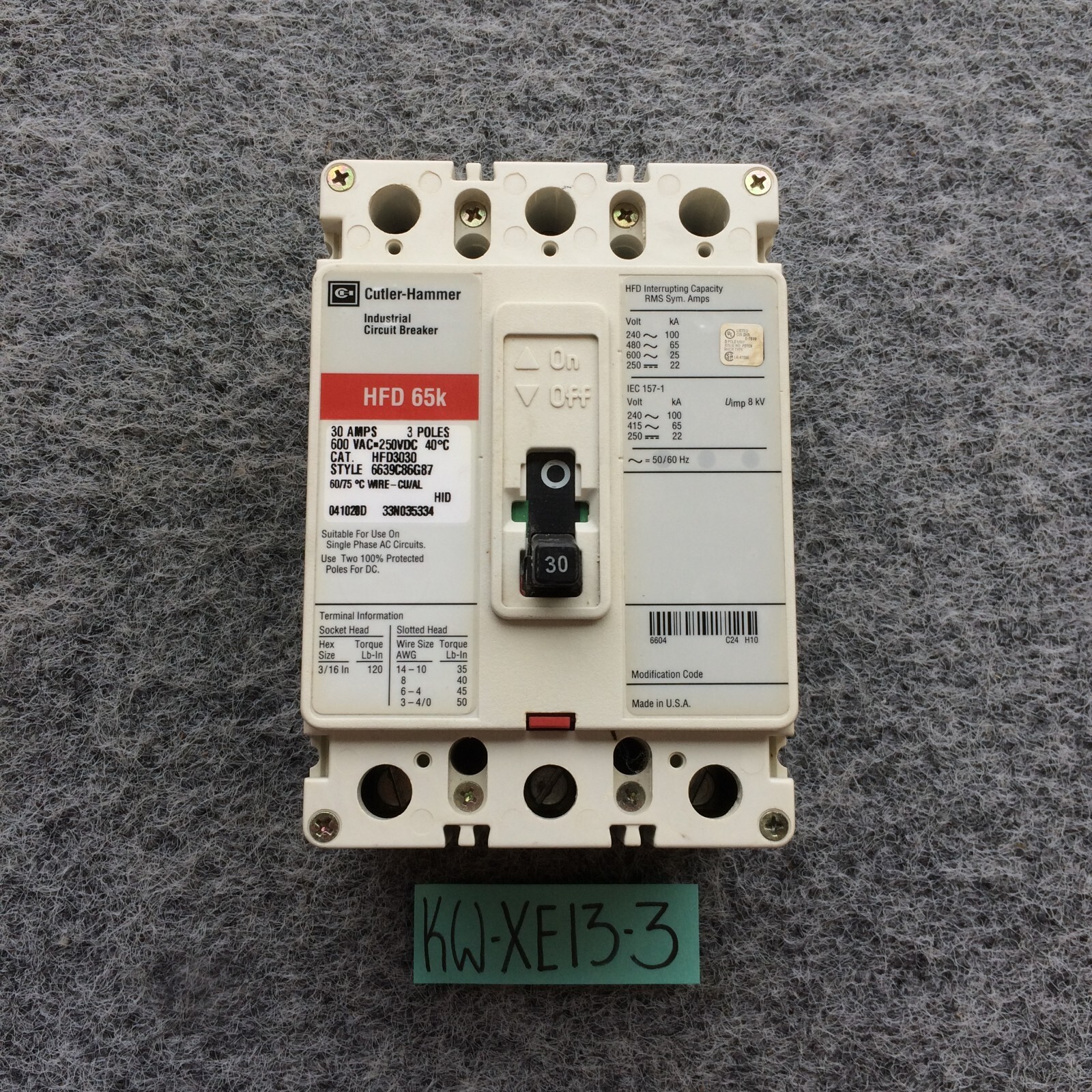 Cutler Hammer HFD3030 30A Circuit Breaker Glossy Red 600V 30 Amp Eaton