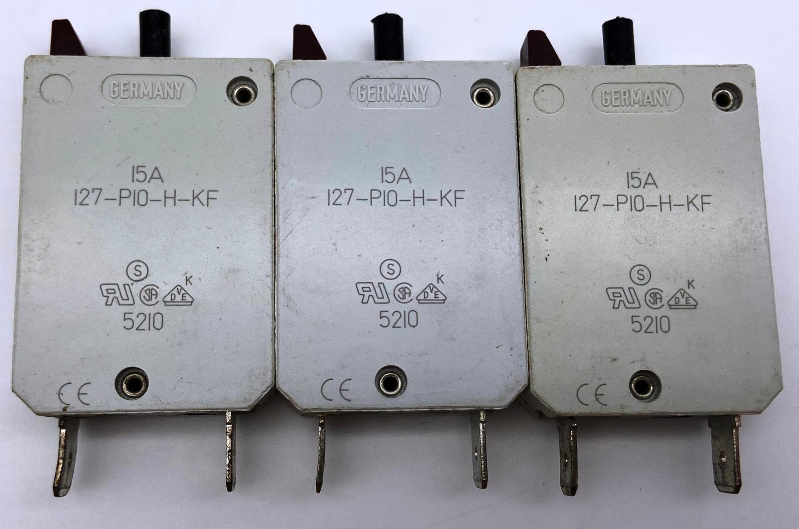 Qty 7 Assorted, E-T-A 12-P10-H-KF Resettable Circuit Breakers, 250VAC, 28VDC ETA
