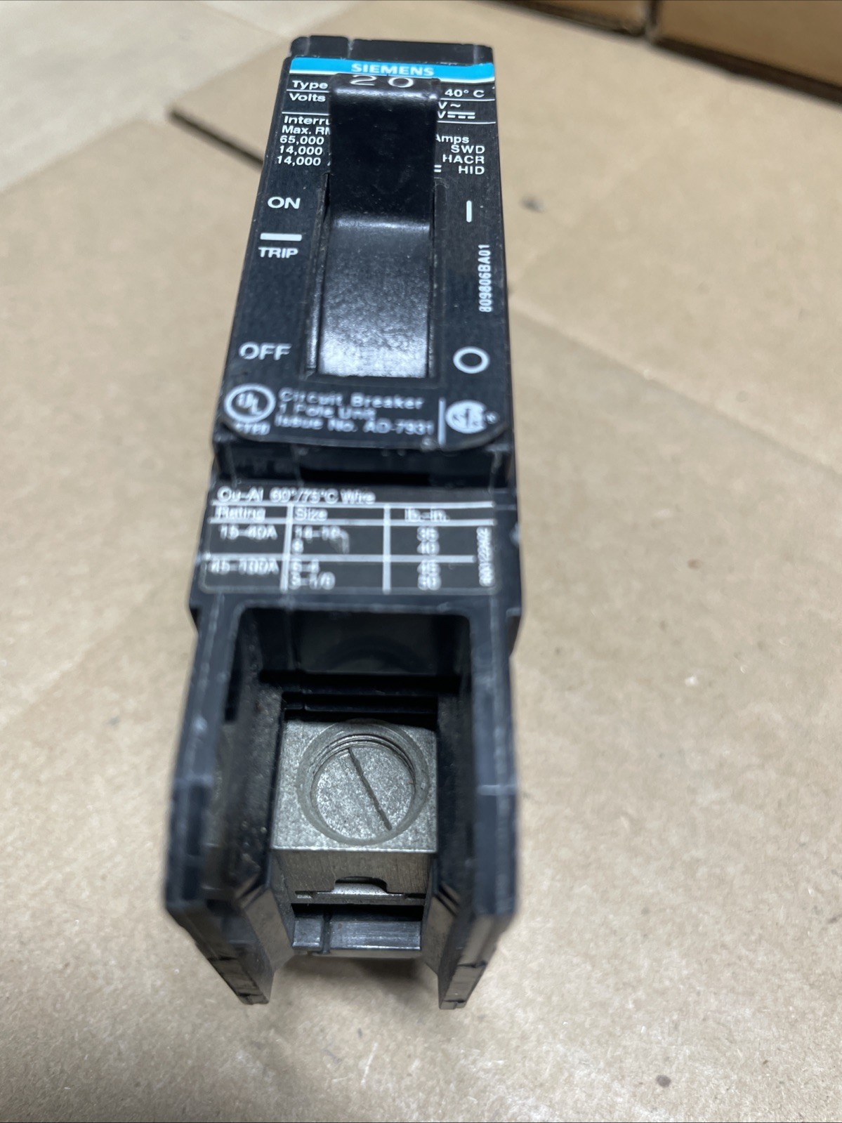 BQD120 SIEMENS 1 POLE 277V BOLT ON 20 AMP BREAKER