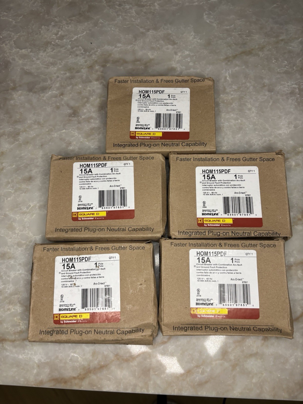 HOM115PDF 15A Circuit Breaker, 1 Pole, AFCI GFCI, Homeline Arc-D-Tect Pack of 5