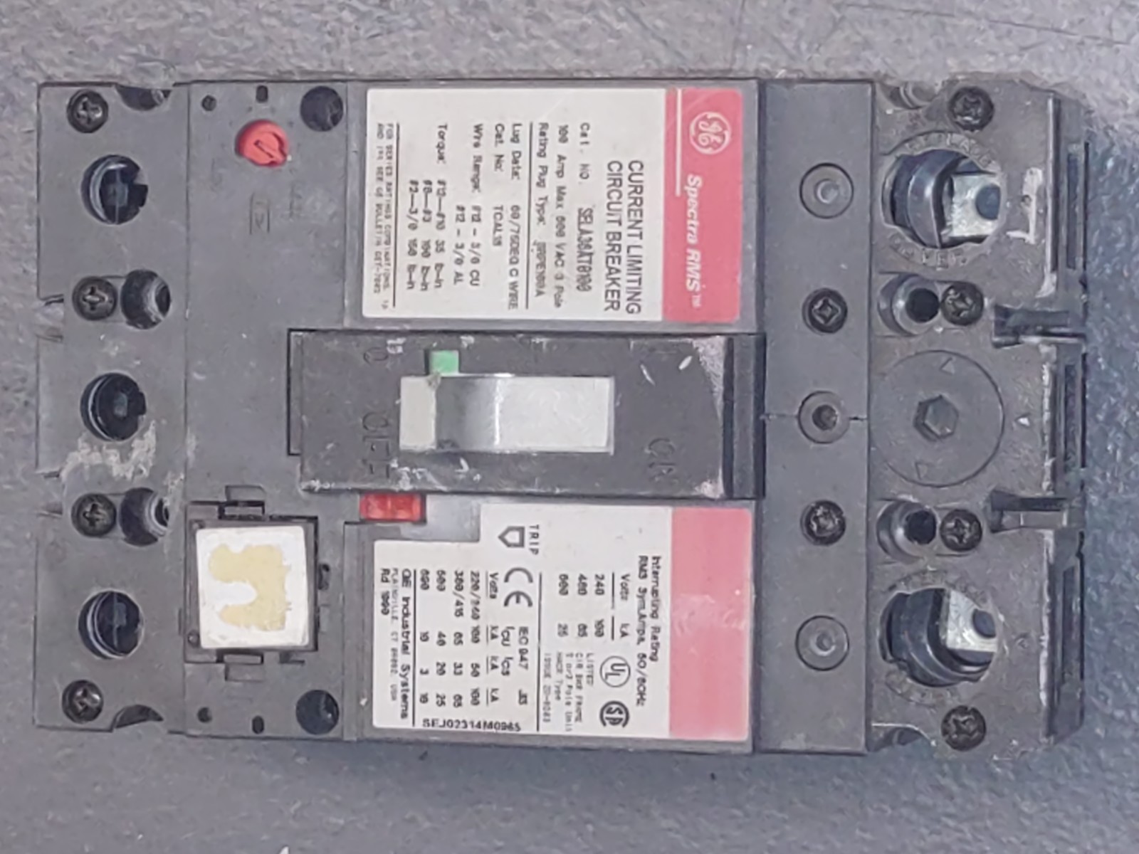 GE Spectra RMS SELA36AT0100 Current Limiting Circuit Breaker 100A 3P 600VAC