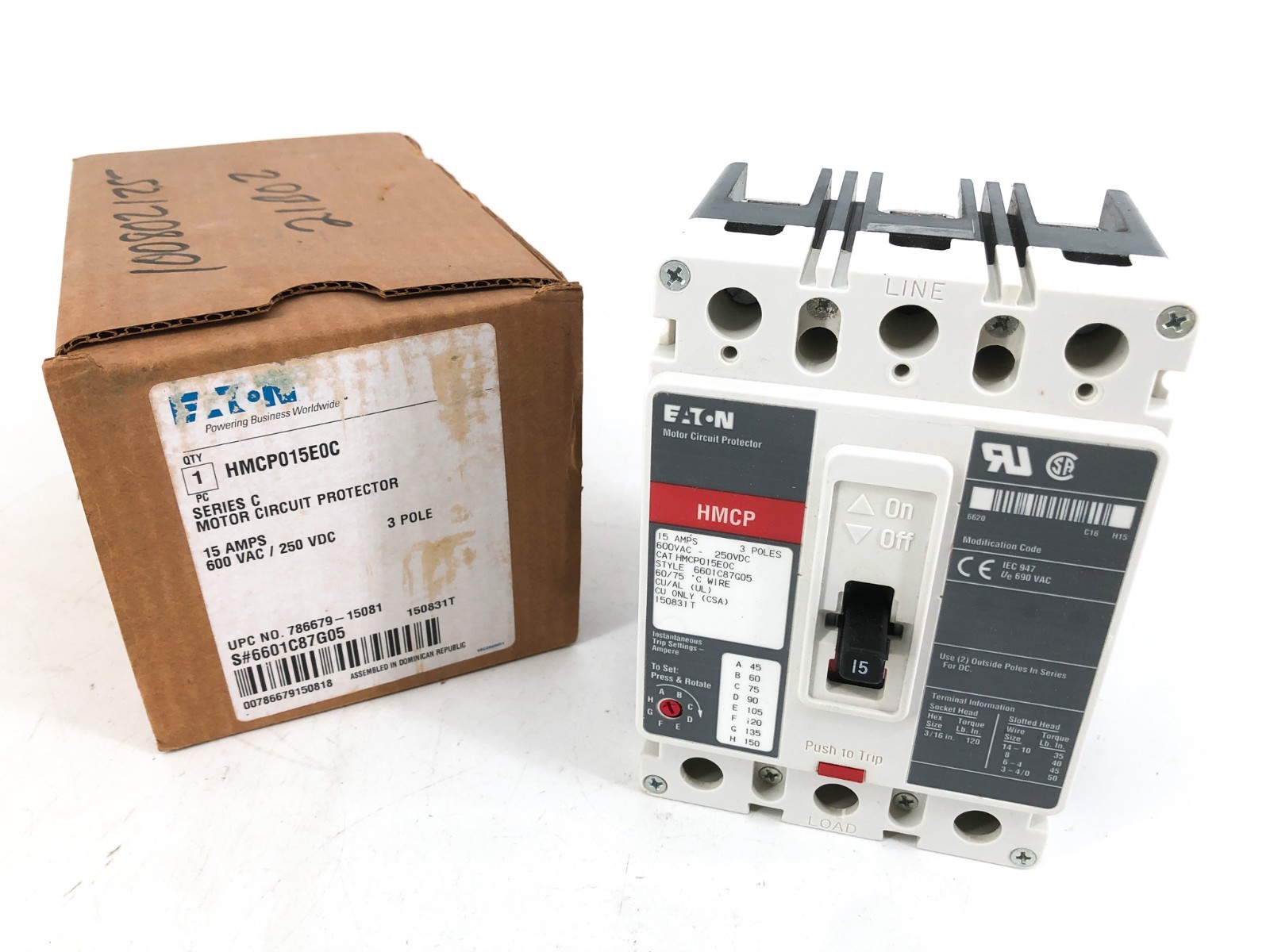 New Eaton HMCP015E0C Circuit Breaker 15A 600VAC 250VDC 3P