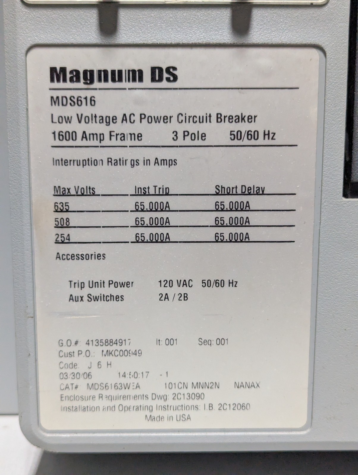 EATON CUTLER-HAMMER MAGNUM DS MDS6163WEA 1600AMP LOW VOLTAGE AC CIRCUIT BREAKER