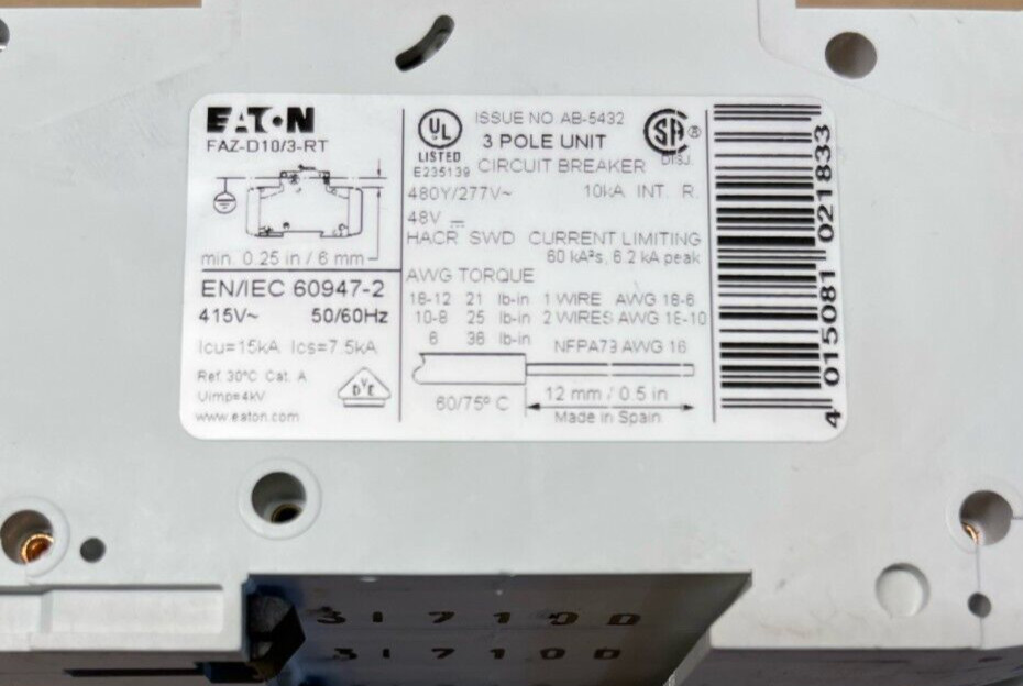 Eaton FAZ-D10/3-RT 3-Pole Breaker Z-NHK Auxiliary
