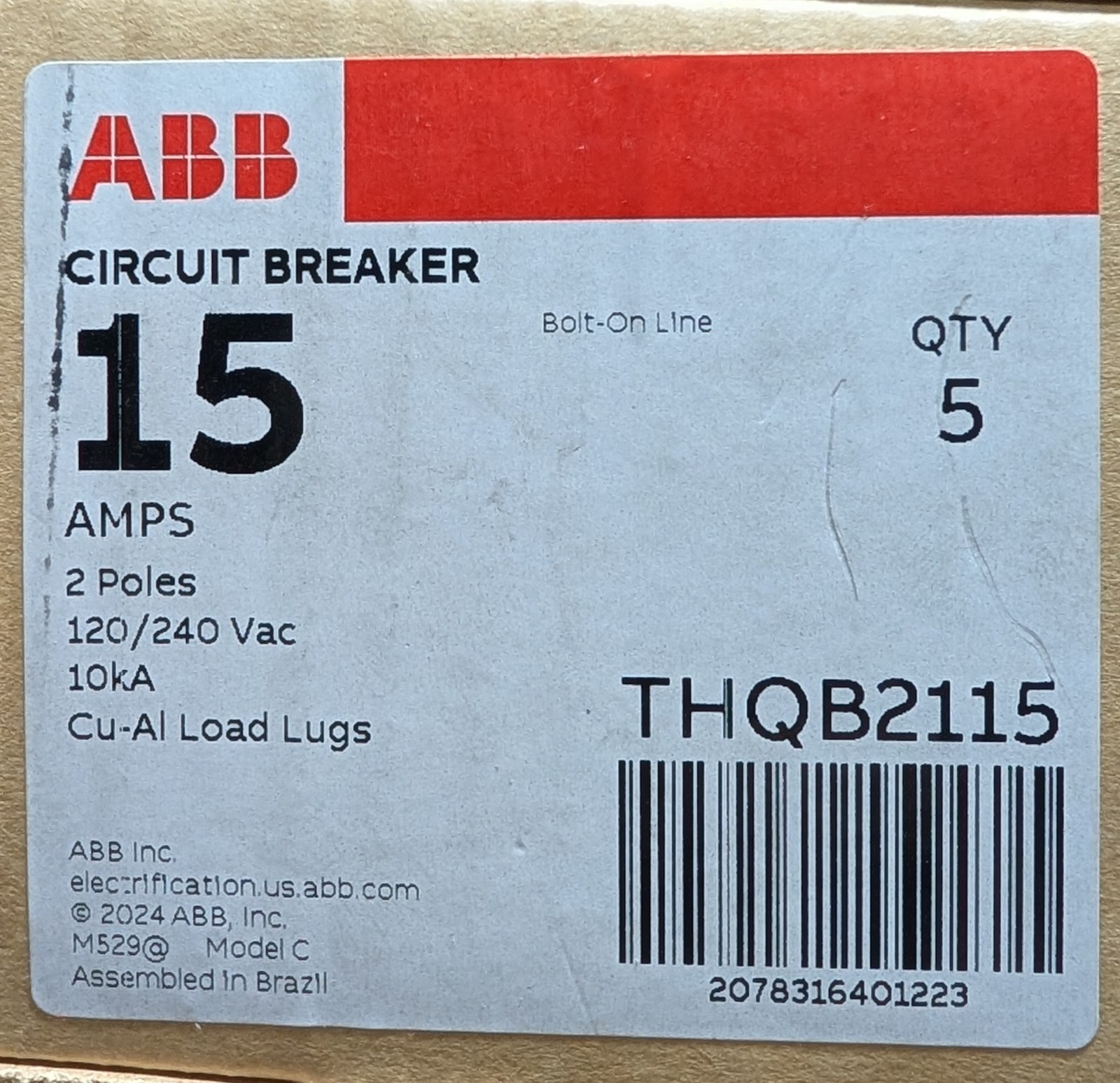 ABB THQB2115 15A 2-Pole 120/240V Bolt-On Circuit Breaker for Q-Line Panel