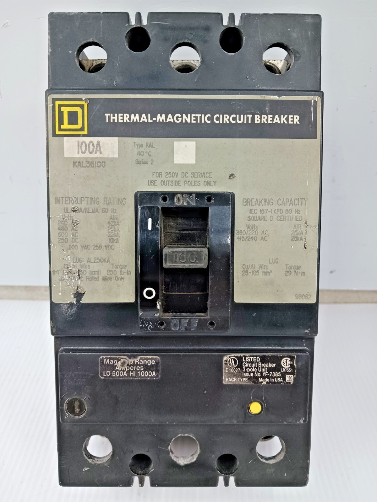 Square D 100 Amp Thermal-Magnetic Circuit Breaker 3 Pole 600 VAC 25kA KAL36100
