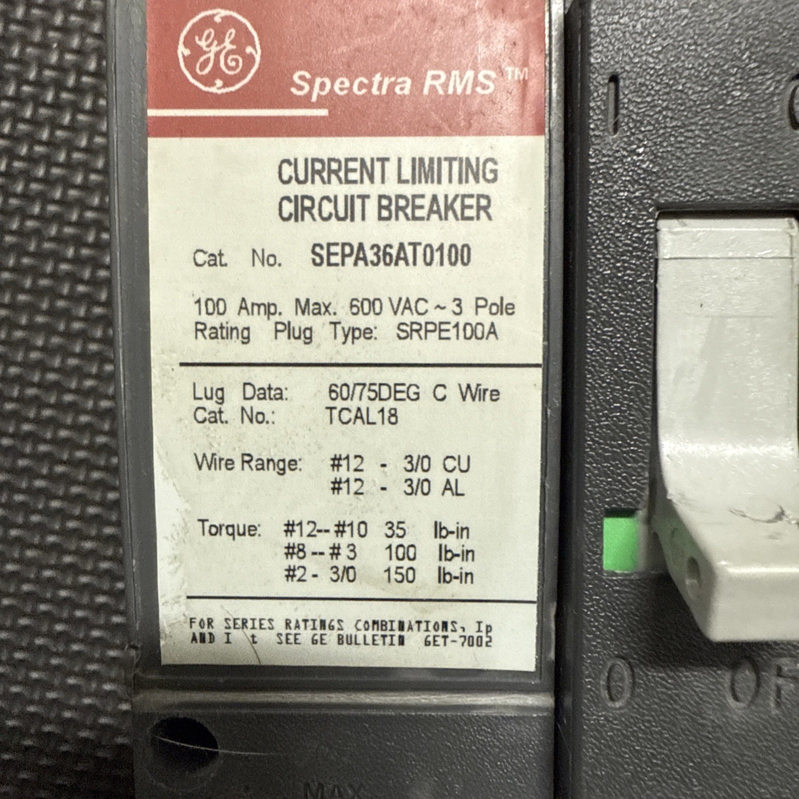 GE SEPA36AT0100 Molded Case Circuit Breaker, 100 A, 600V AC, 3 Pole
