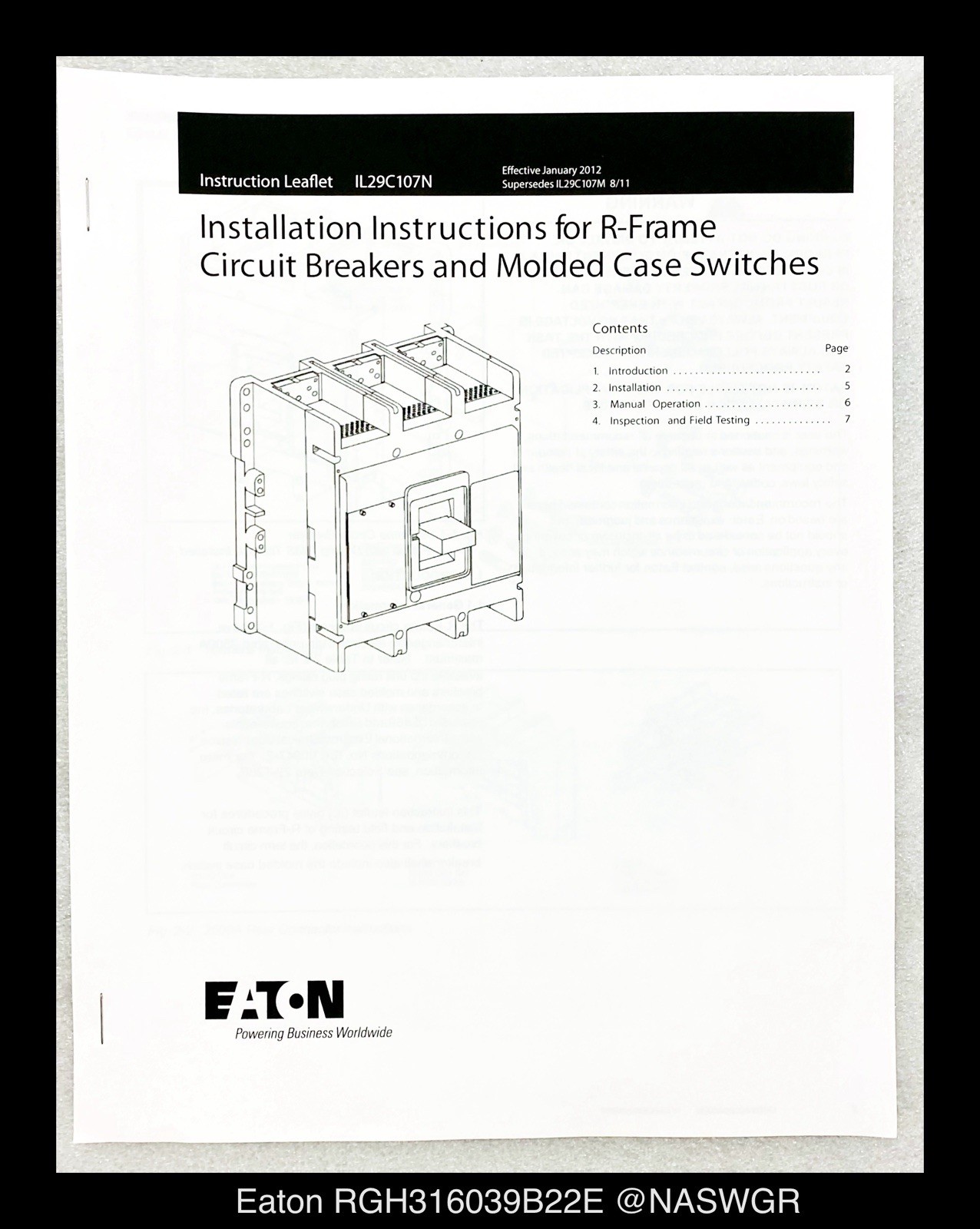 Eaton RGH316039B22E Molded Case Circuit Breaker – 1600 Amp – Unused/Warranty