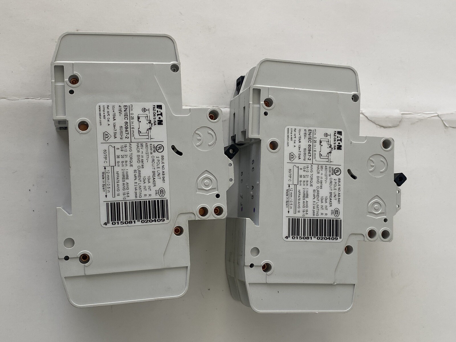 Lot Of 2 EATON FAZ-C6/2-NA CIRCUIT BREAKER, 2 POLE, 6A, 480Y/277VAC