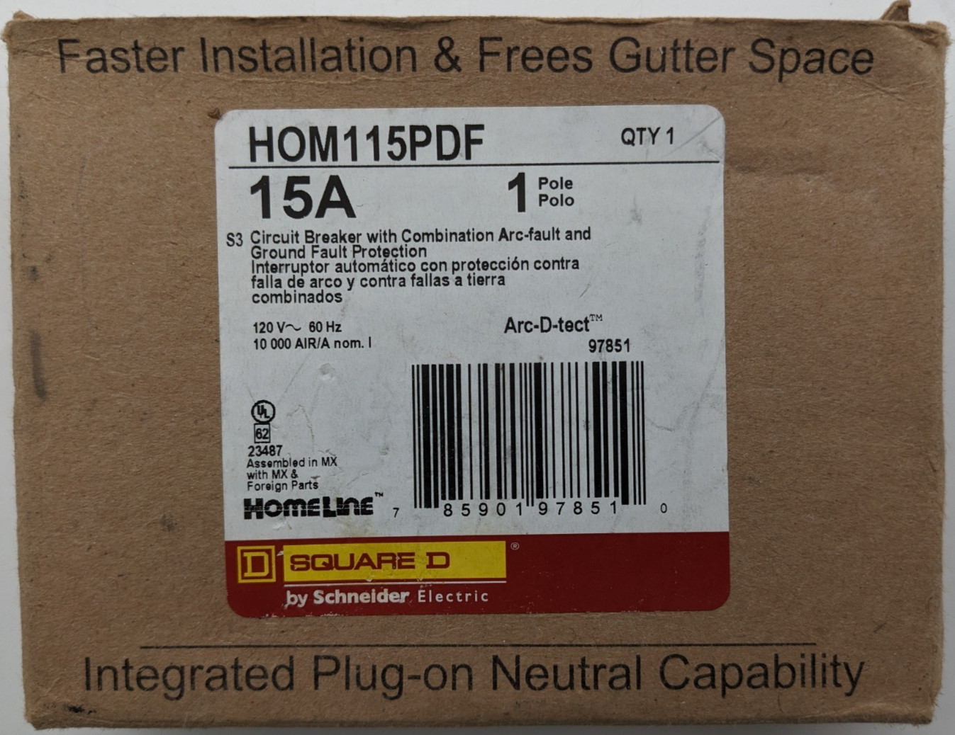 Square D | HOM115PDF | Circuit Breaker | 15A | 1 Pole | AFCI | GFCI | HomeLine