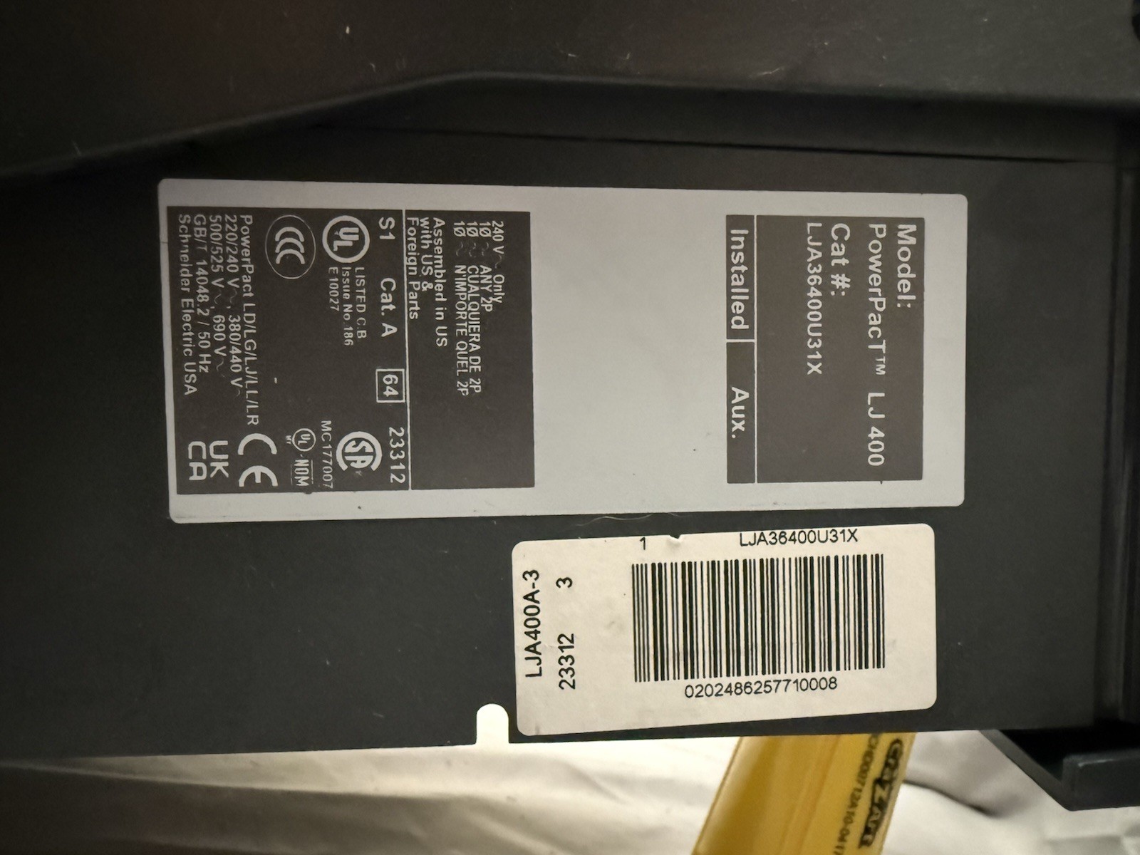 Square D LJA36400U31X PowerPact I-Line Circuit Breaker 400A 3P 600V 25KA LJ400