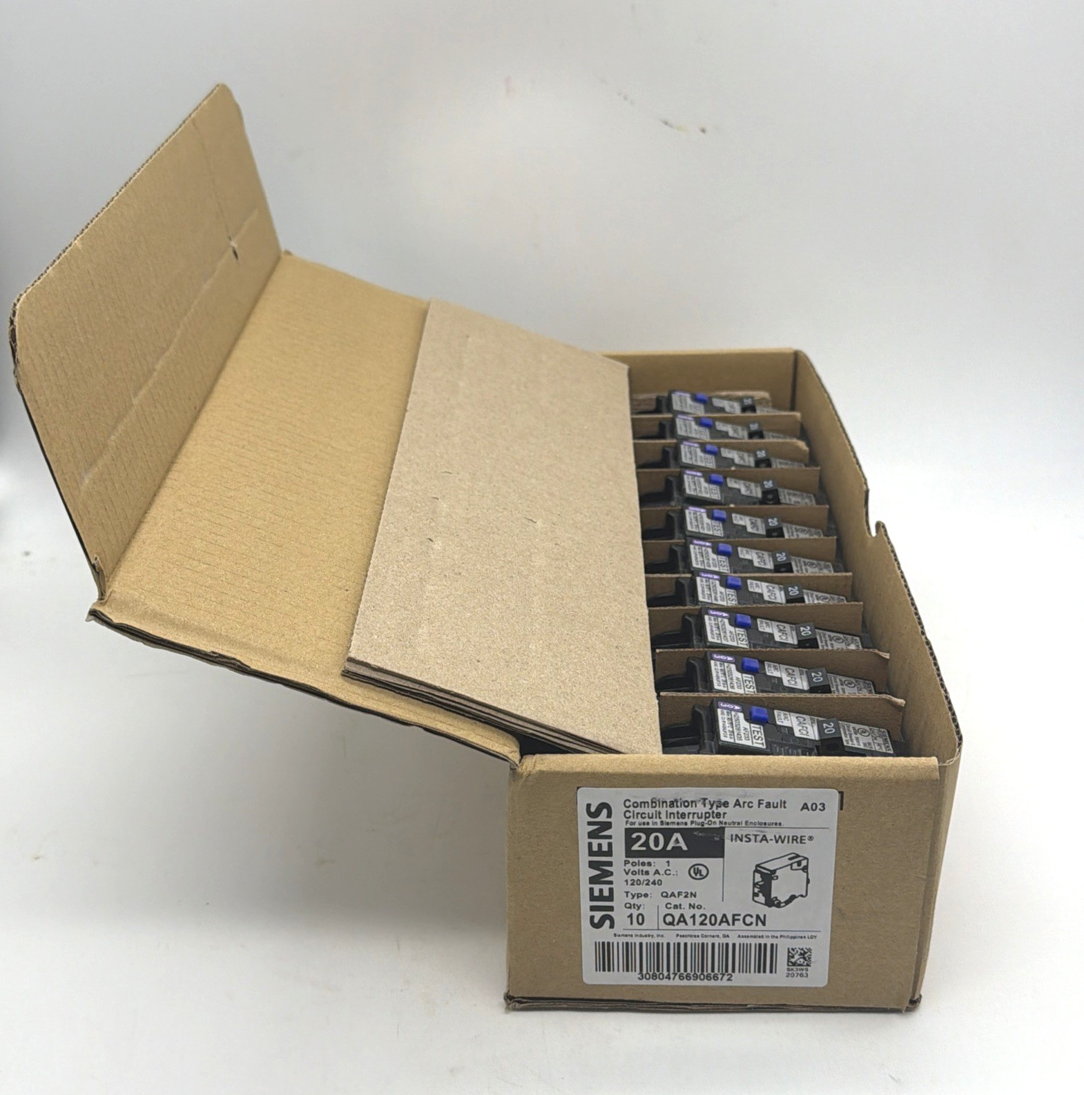 10x Siemens QA120AFCN 20A Plug-On Neutral AFCI Arc Fault Breakers – New in Box