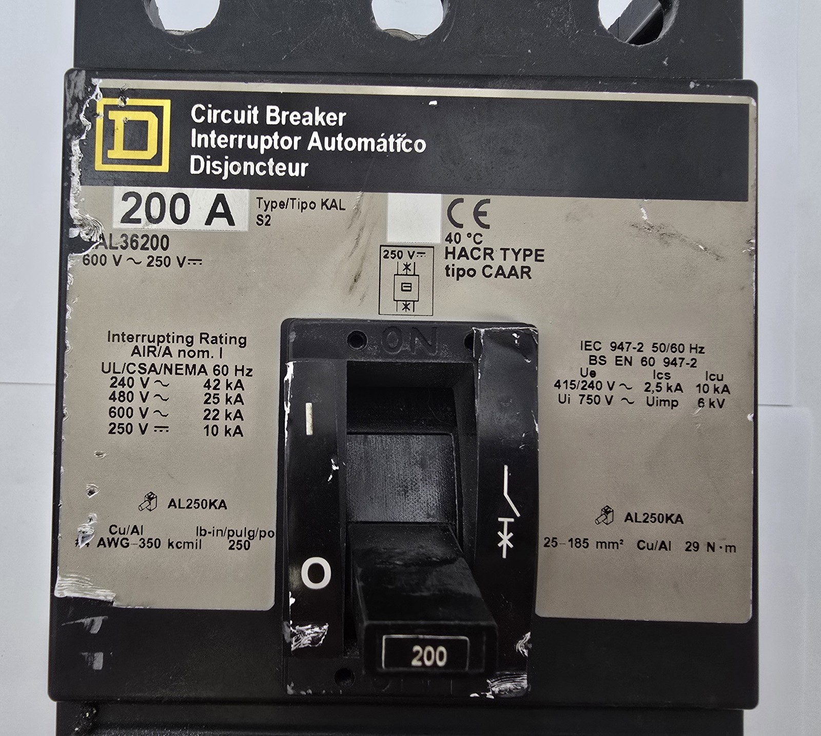 Square D KAL36200 Bolt On Circuit Breaker 200A 600VAC 250VDC HACR 50/60Hz